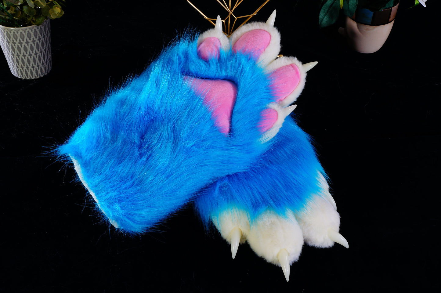 tropical blue fursuit paws, paws custom, white finger and pink pad, petplay, cat paws, furry, puppy paws, animal paws