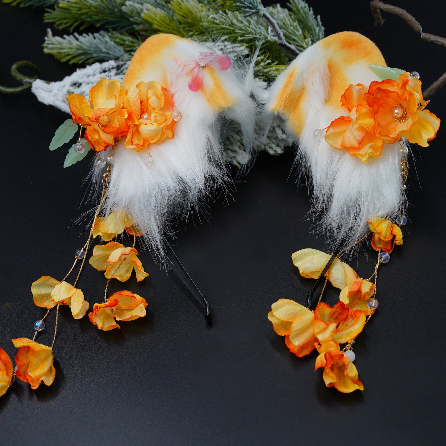 Kawaii Goth yellow Neko Ears Headband, custom cat, realistic ears, Kawaii Goth Neko Tail, pet play, Flower cat ears, bear ears, flower bear