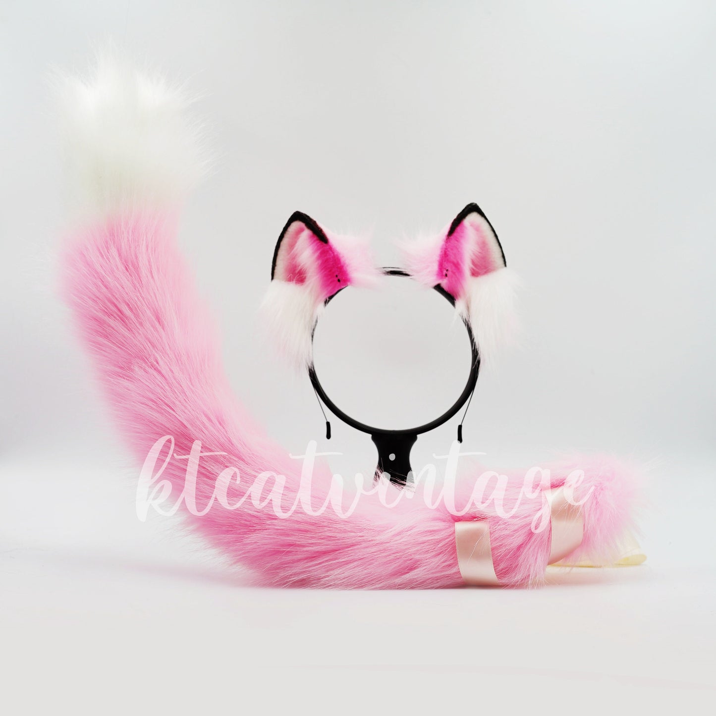 Pink Furry Cosplay Costume Ears headband and tail set, Faux Fur Cute Ears Fur Tails, Cosplay Animal Tails, Costume Fursuit Faux Fur Tails