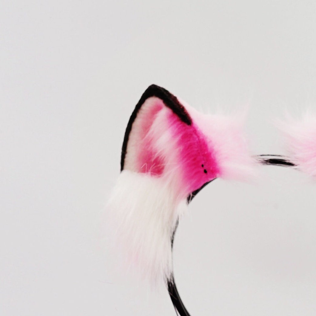 Pink Furry Cosplay Costume Ears headband and tail set, Faux Fur Cute Ears Fur Tails, Cosplay Animal Tails, Costume Fursuit Faux Fur Tails