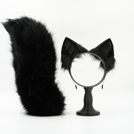 Black Cat ears and tail, faux fur ears, cat ears, tail plug, ears headband, adult ears, kitten ears, pet play, custom ears，gift for kids