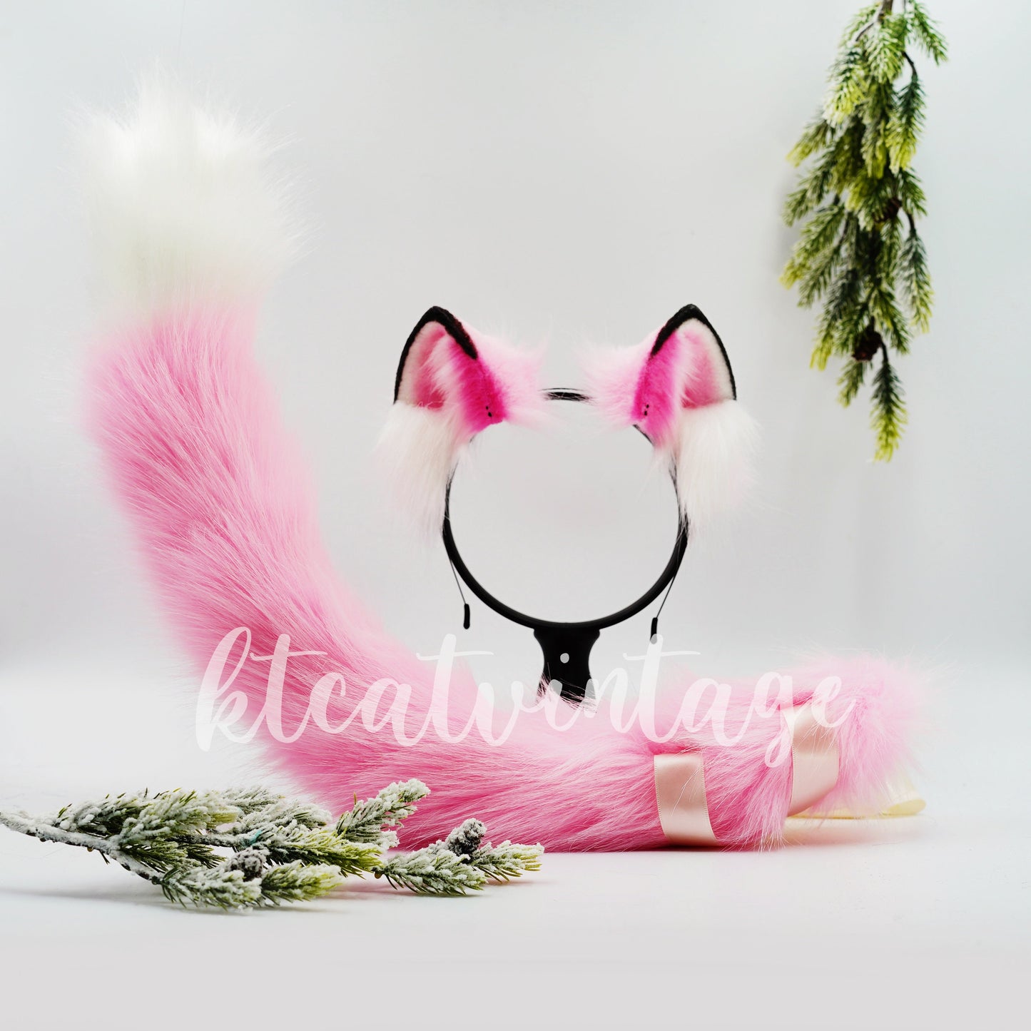 Pink Furry Cosplay Costume Ears headband and tail set, Faux Fur Cute Ears Fur Tails, Cosplay Animal Tails, Costume Fursuit Faux Fur Tails