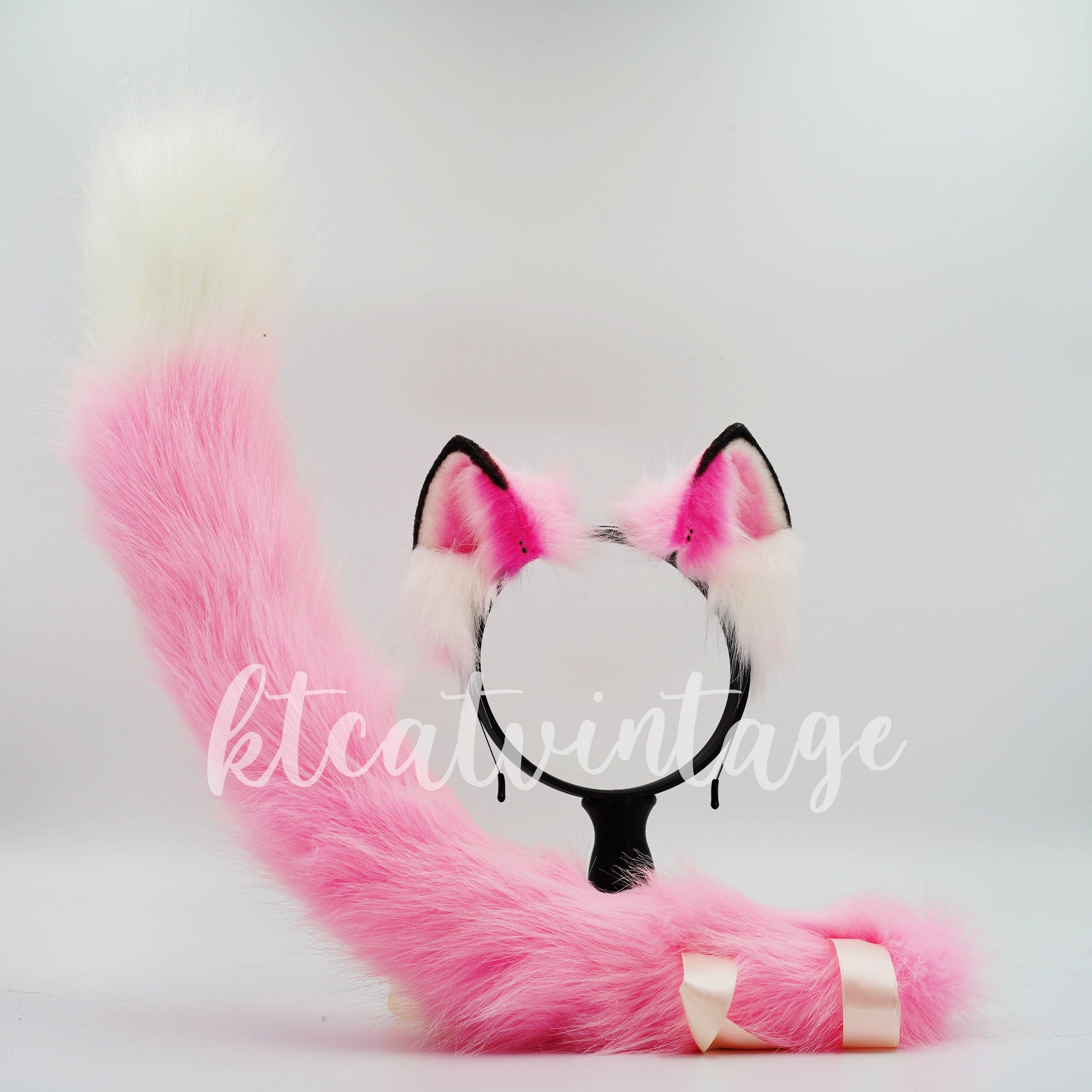 Pink Furry Cosplay Costume Ears headband and tail set, Faux Fur Cute Ears Fur Tails, Cosplay Animal Tails, Costume Fursuit Faux Fur Tails