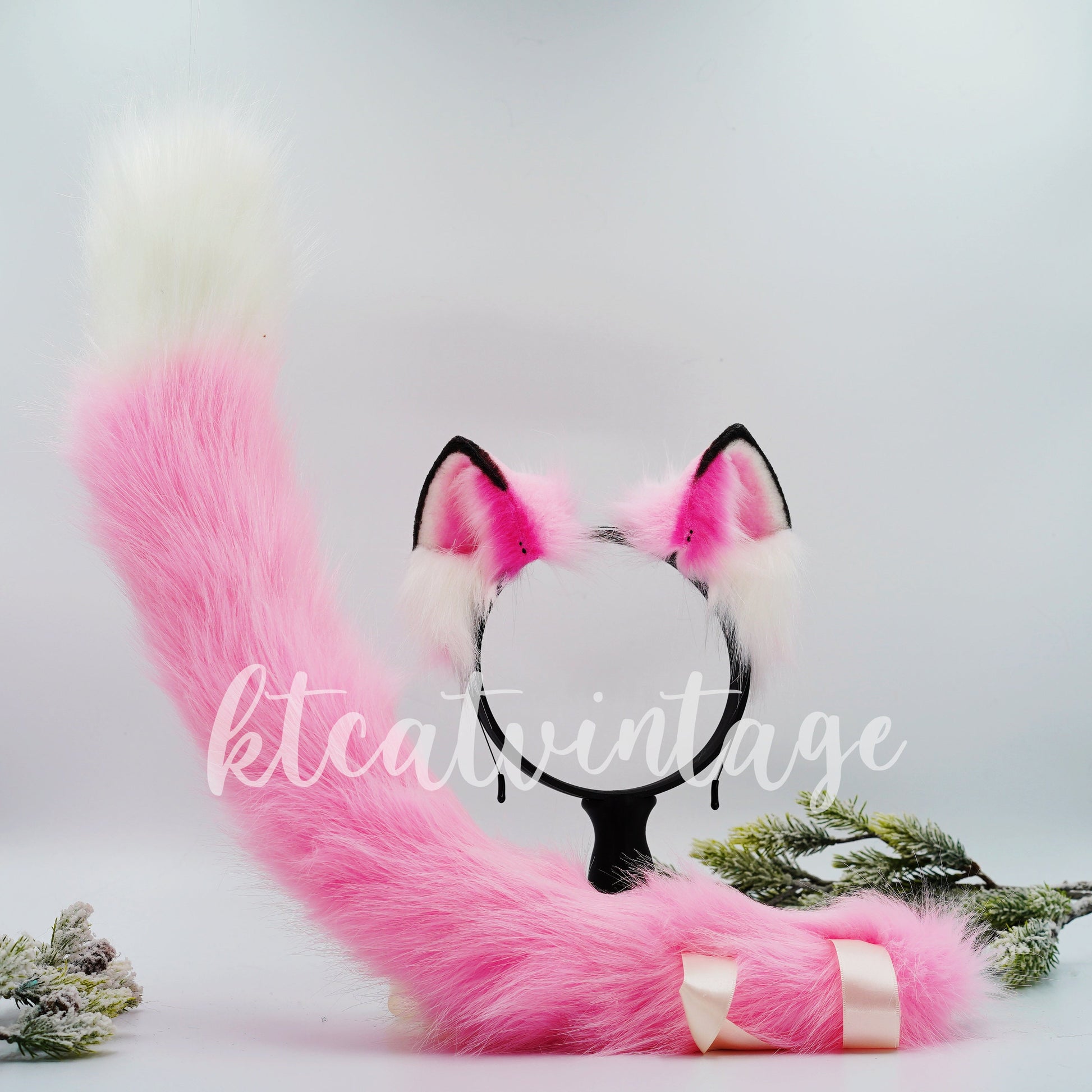 Pink Furry Cosplay Costume Ears headband and tail set, Faux Fur Cute Ears Fur Tails, Cosplay Animal Tails, Costume Fursuit Faux Fur Tails