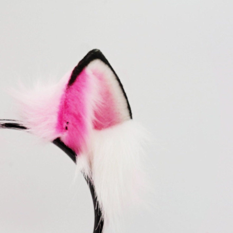 Pink Furry Cosplay Costume Ears headband and tail set, Faux Fur Cute Ears Fur Tails, Cosplay Animal Tails, Costume Fursuit Faux Fur Tails