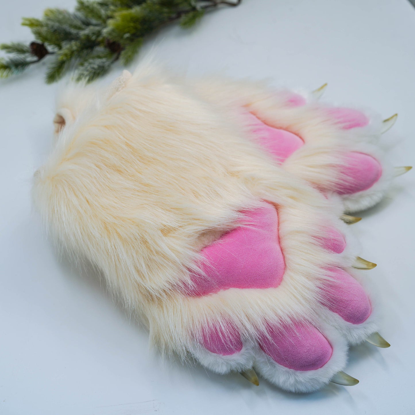 Off-white & Pink Fursuit Handpaws,Cat fursuit, Cat Claw,Custom Fursuit gloves,Handmade cat paws, cosplay paws, faux fur paws with 4 finger