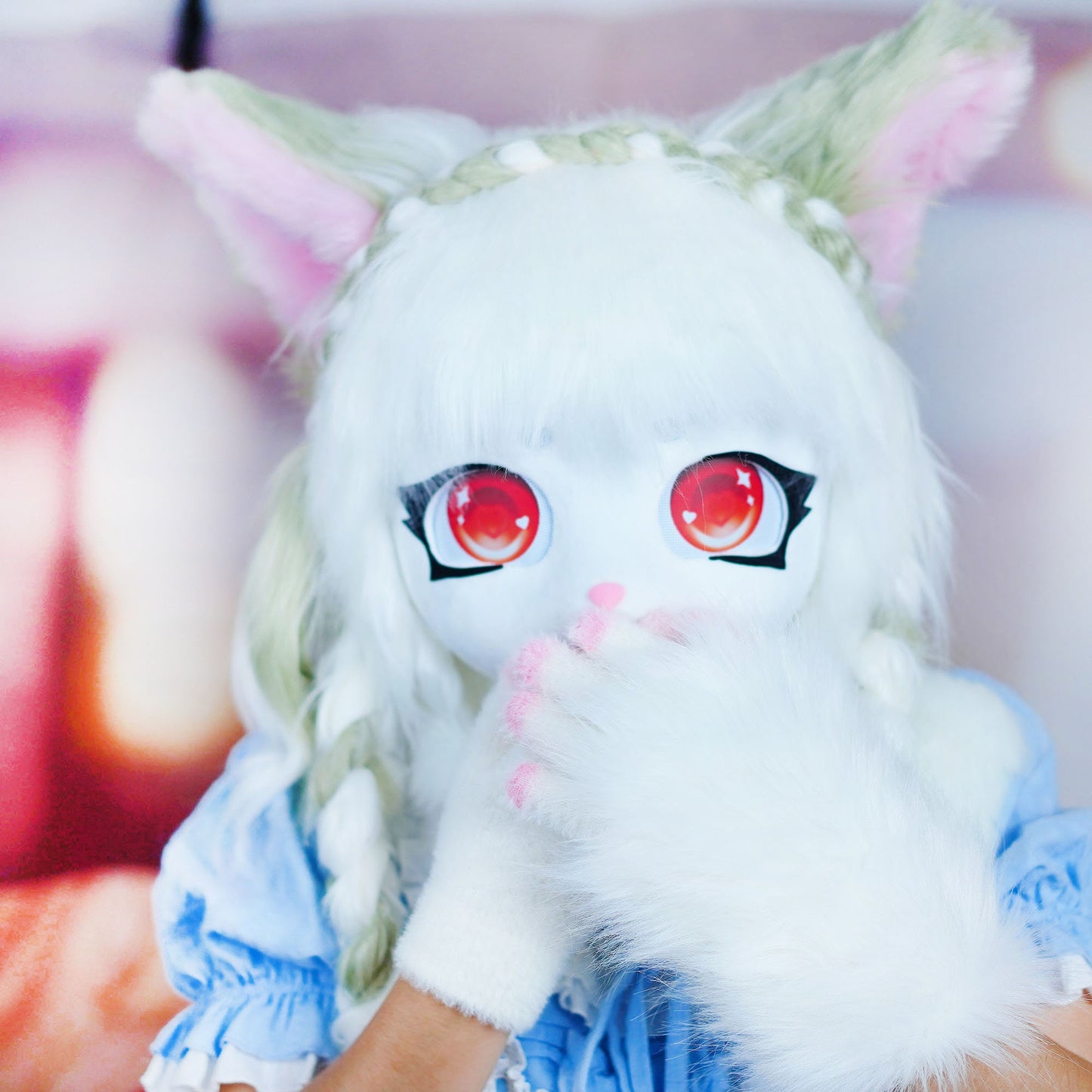 Cat Furry White Cat Kigurumi Head Mask for Budget Friendly Mask， Cat Fur Suit Head，Kigurumi Fur Head Mask , Kigurumi Headwear，Cosplay mask