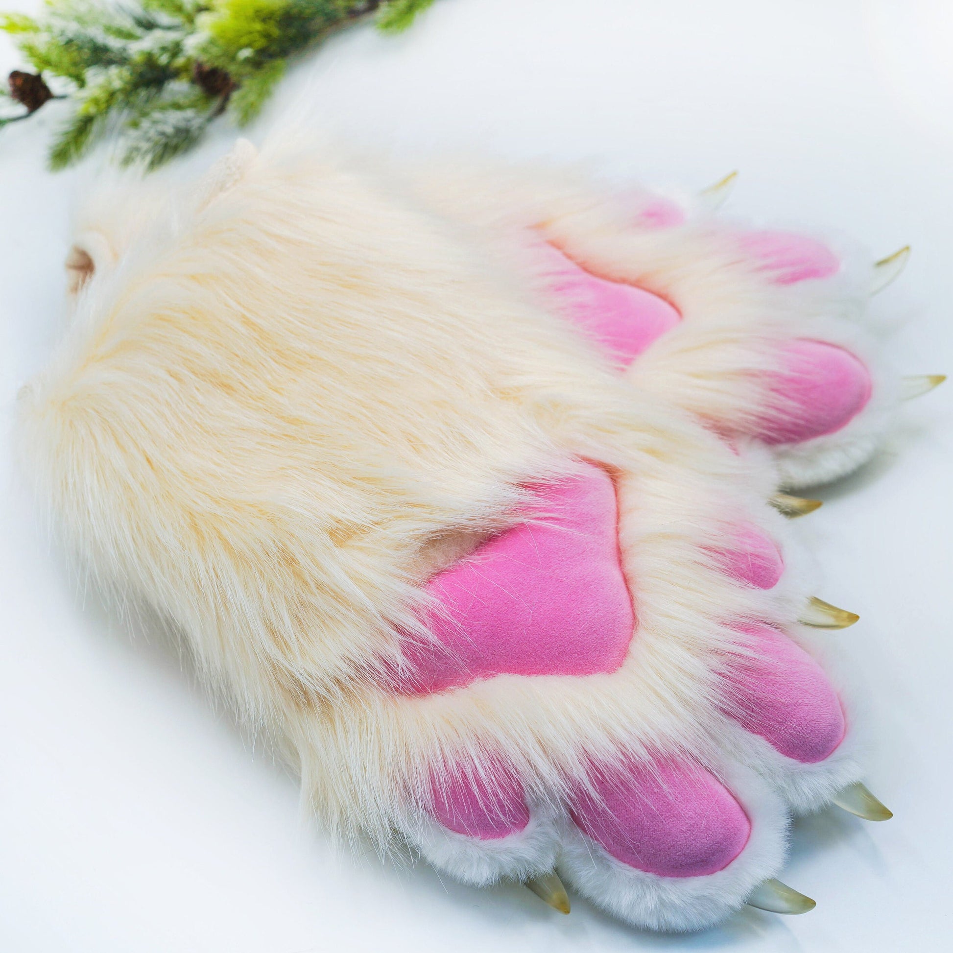 Off-white & Pink Fursuit Handpaws,Cat fursuit, Cat Claw,Custom Fursuit gloves,Handmade cat paws, cosplay paws, faux fur paws with 4 finger