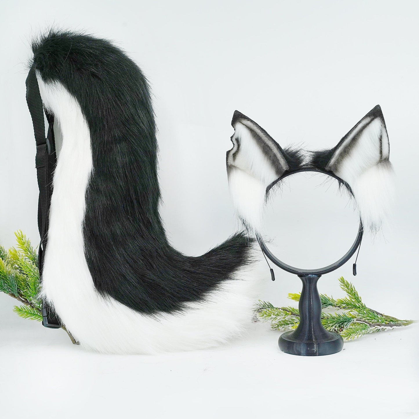 Black And White Cat ears and tail, Cat ears and tail, Cat ears, handmade ears, pet play, custom ears, tail ribbon, ears headband,