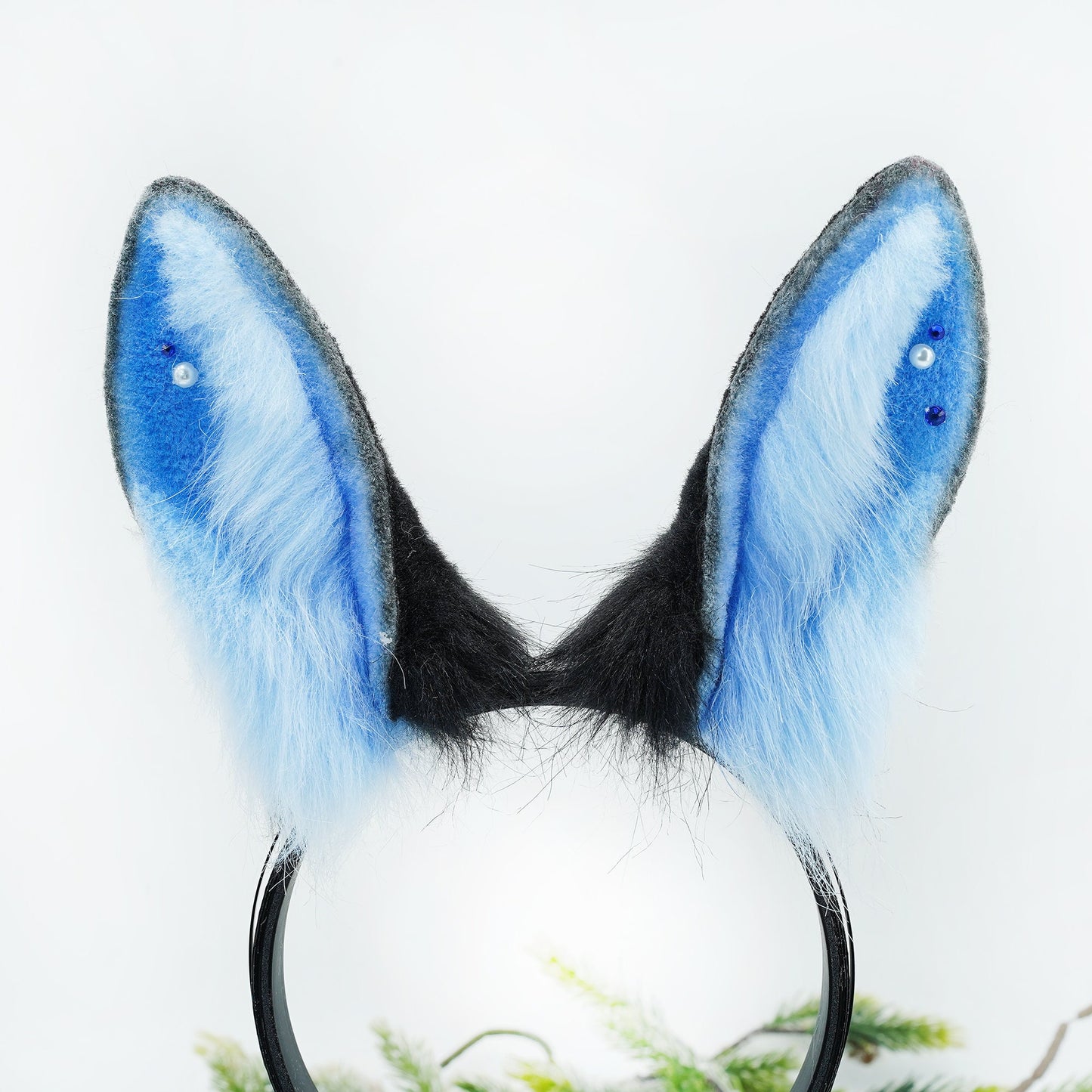 Bunny Ear & Tail Set ，Blue Bunny ears, furry faux fur costume cosplay ears, Rabbit Ears Headband, bunny tail, Black and Blue bunny ears