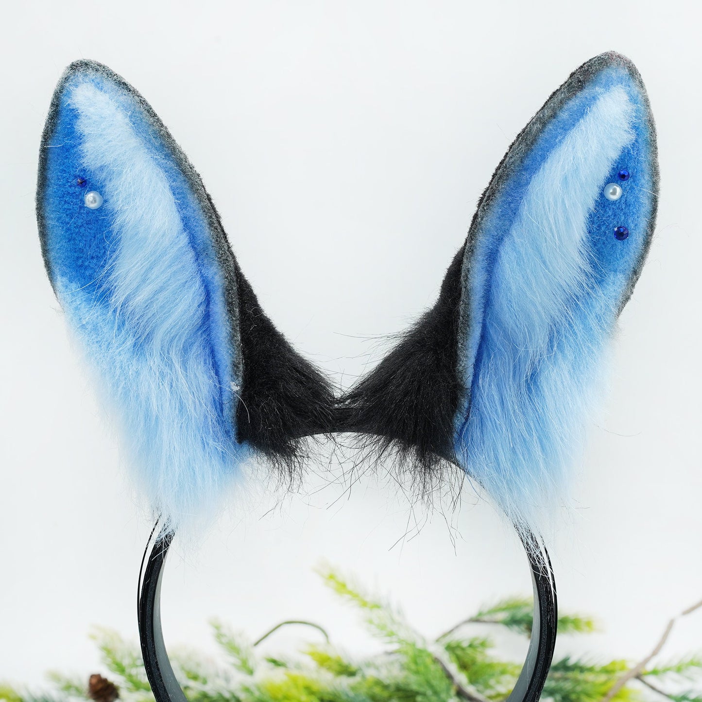 Bunny Ear & Tail Set ，Blue Bunny ears, furry faux fur costume cosplay ears, Rabbit Ears Headband, bunny tail, Black and Blue bunny ears