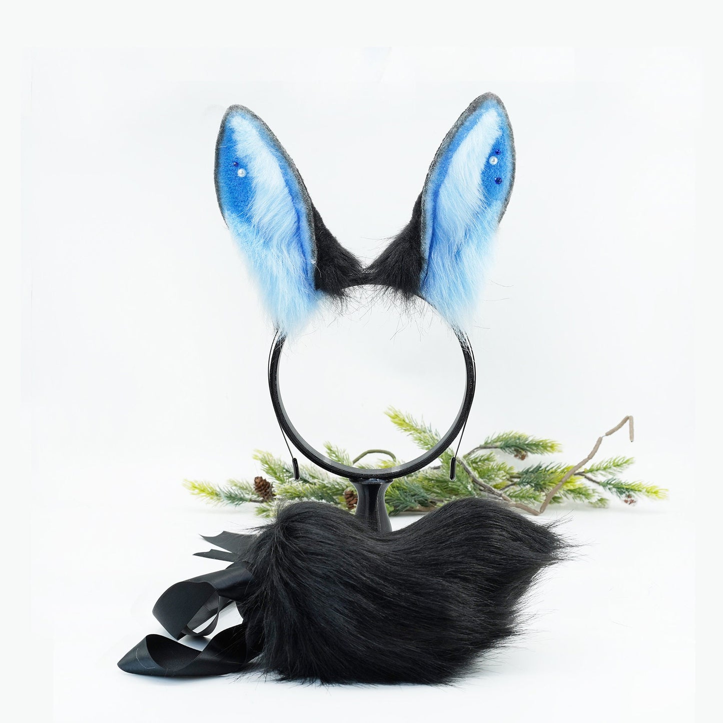 Bunny Ear & Tail Set ，Blue Bunny ears, furry faux fur costume cosplay ears, Rabbit Ears Headband, bunny tail, Black and Blue bunny ears