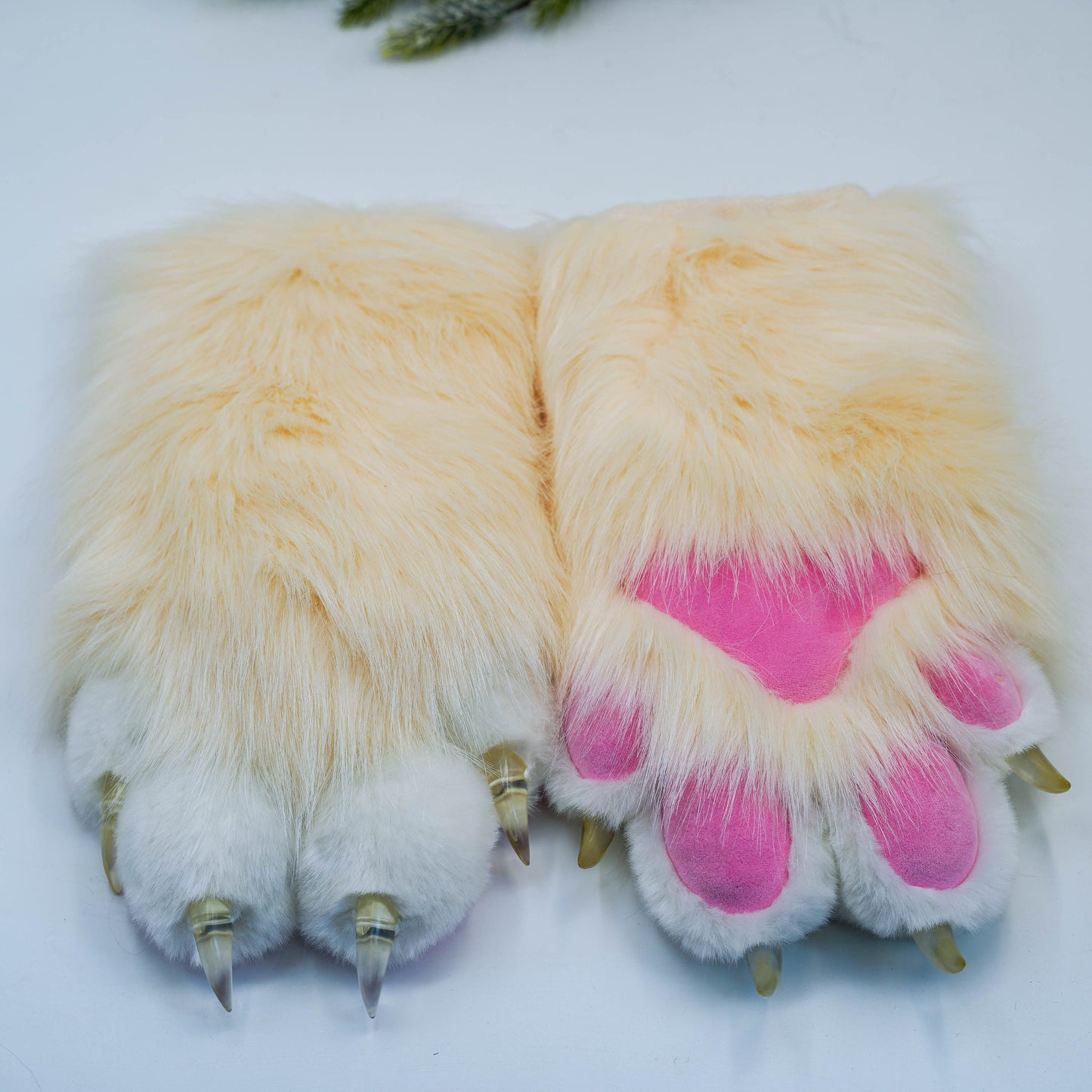 Off-white & Pink Fursuit Handpaws,Cat fursuit, Cat Claw,Custom Fursuit gloves,Handmade cat paws, cosplay paws, faux fur paws with 4 finger