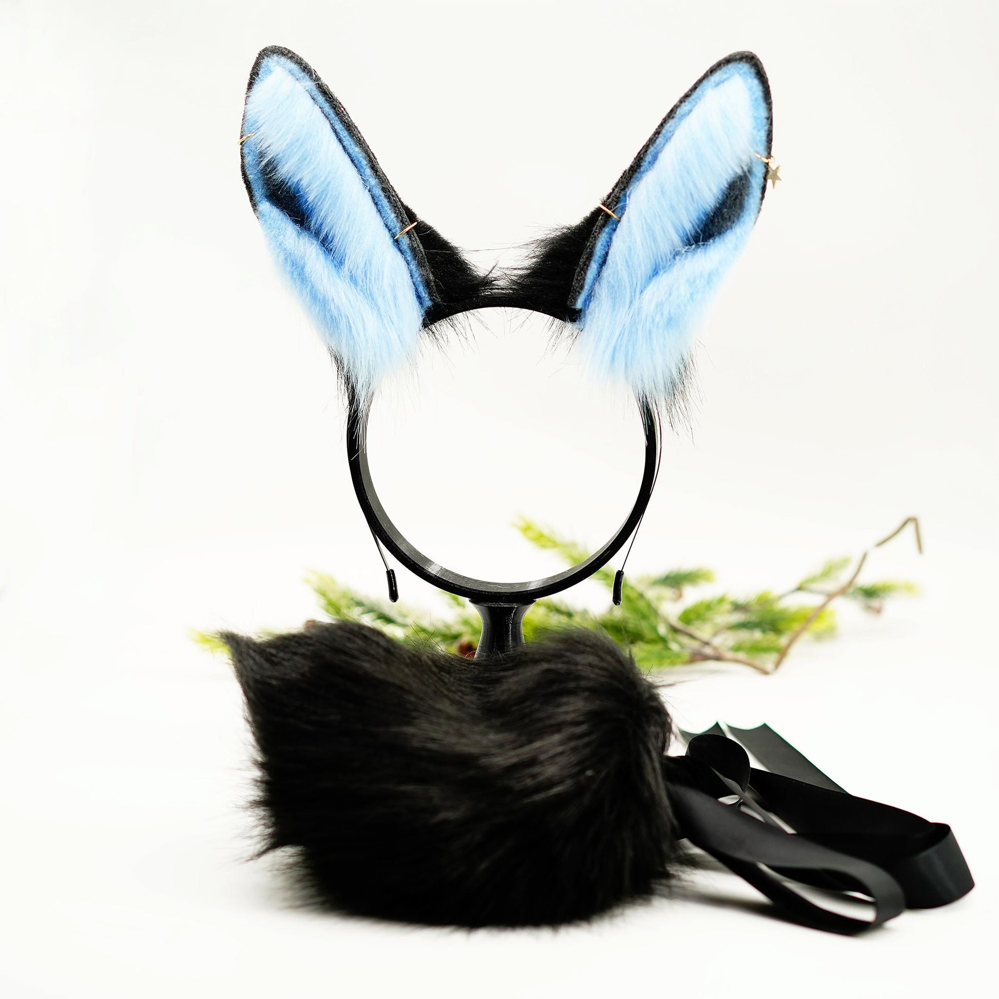 Blue Bunny ears, Fluffy ears, Faux Fur ears, Rabbit Ears Headband,Blue bunny tail, Black and Blue bunny ears