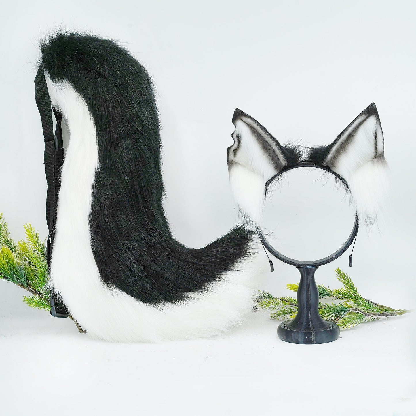 Black And White Cat ears and tail, Cat ears and tail, Cat ears, handmade ears, pet play, custom ears, tail ribbon, ears headband,