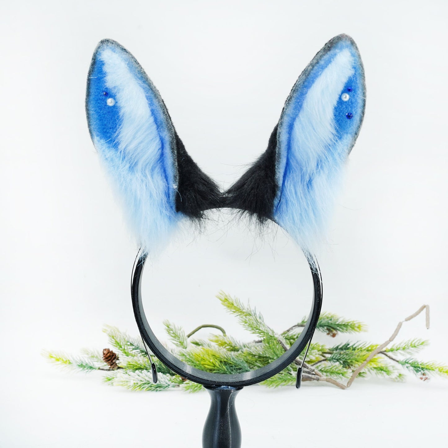 Bunny Ear & Tail Set ，Blue Bunny ears, furry faux fur costume cosplay ears, Rabbit Ears Headband, bunny tail, Black and Blue bunny ears