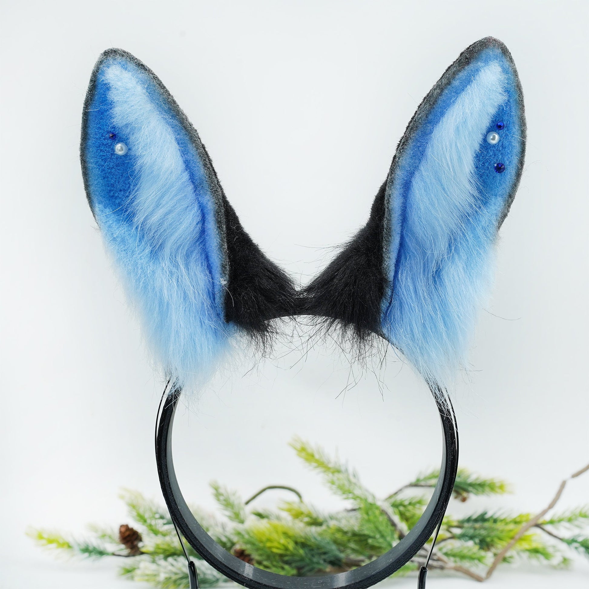 Bunny Ear & Tail Set ，Blue Bunny ears, furry faux fur costume cosplay ears, Rabbit Ears Headband, bunny tail, Black and Blue bunny ears