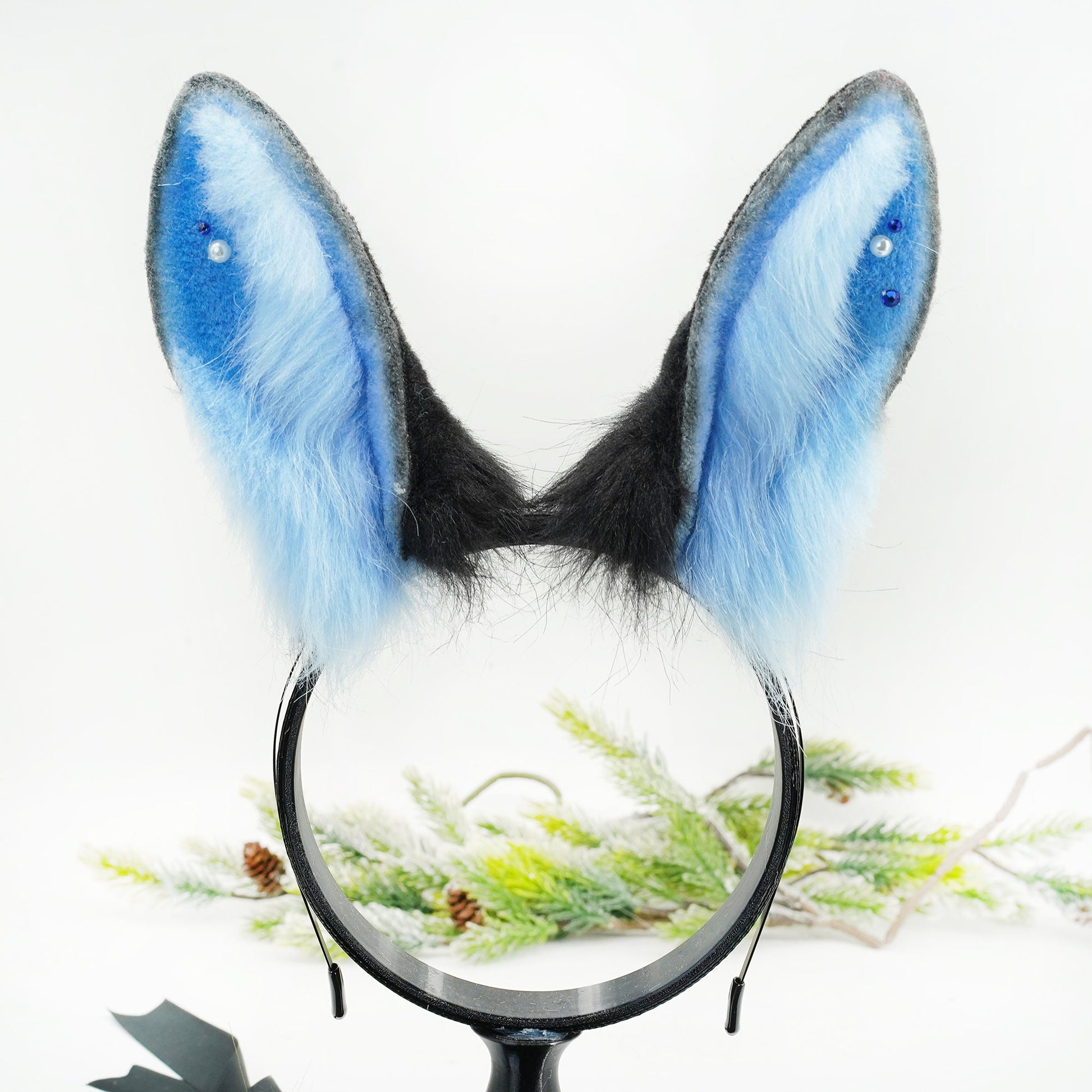 Bunny Ear & Tail Set ，Blue Bunny ears, furry faux fur costume cosplay ears, Rabbit Ears Headband, bunny tail, Black and Blue bunny ears