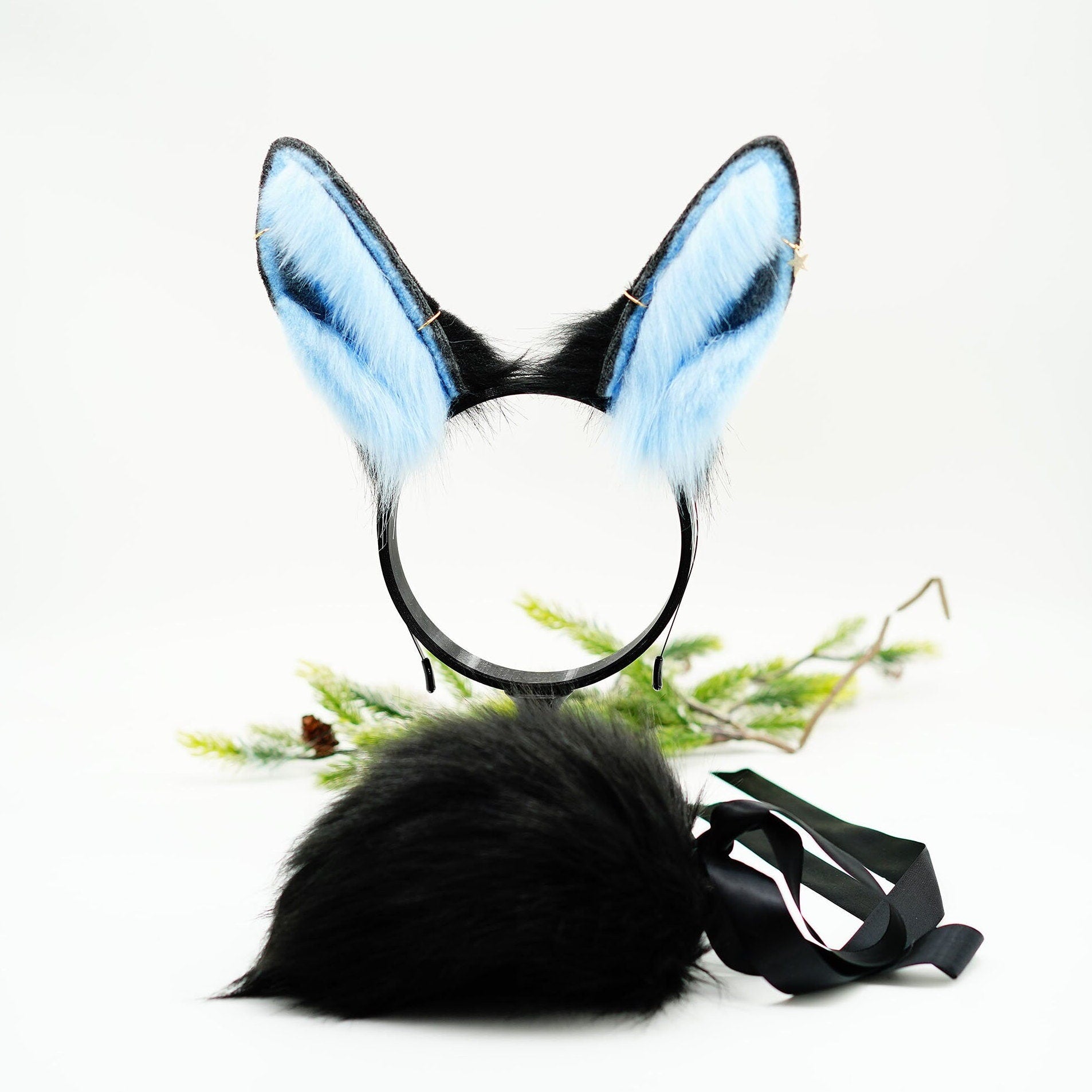 Blue Bunny ears, Fluffy ears, Faux Fur ears, Rabbit Ears Headband,Blue bunny tail, Black and Blue bunny ears