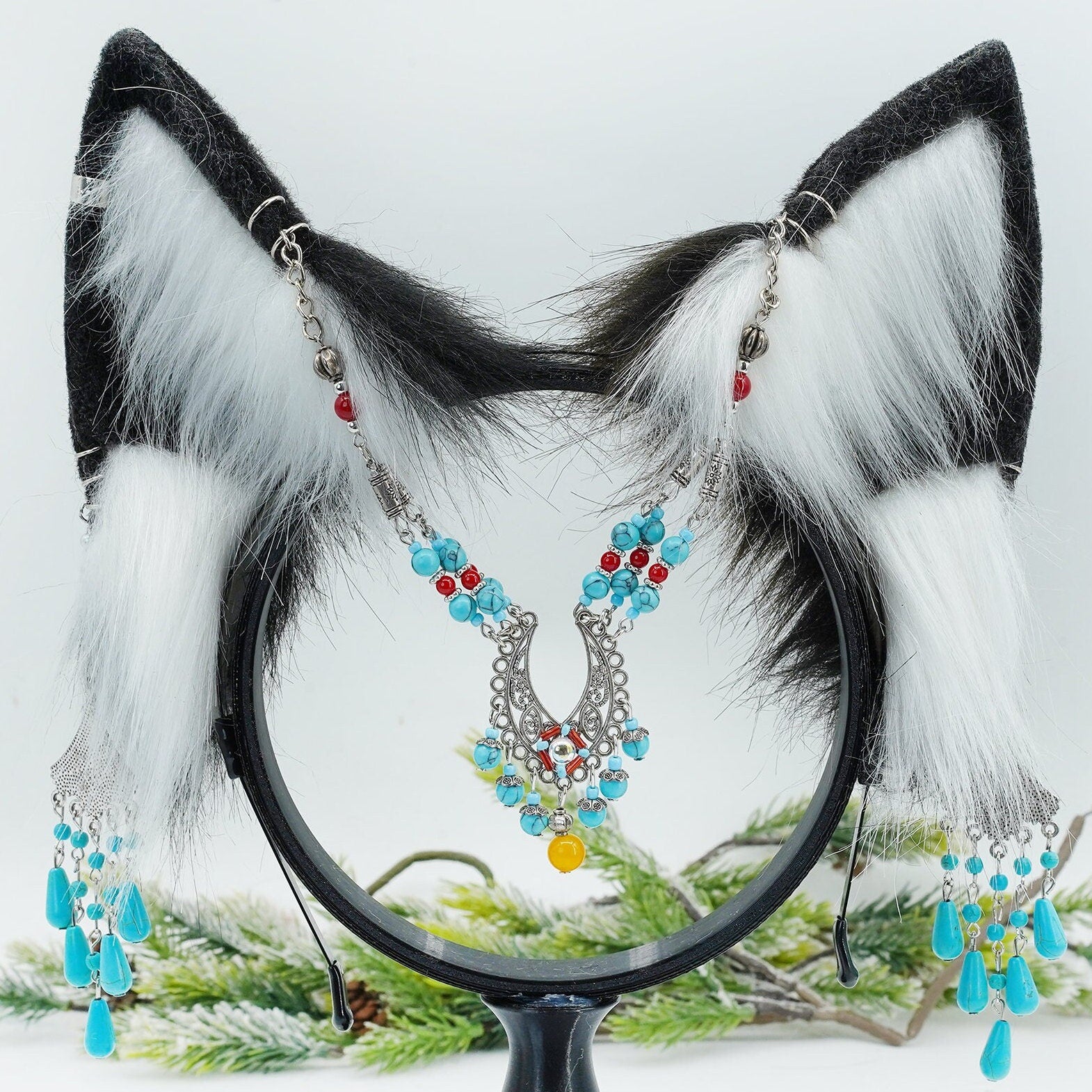 Cosplay wolf ears and tai set, fursuit furry black ears and tail, pre-made Cat ears, handmade ears, pet play, custom ears, tail ribbon,