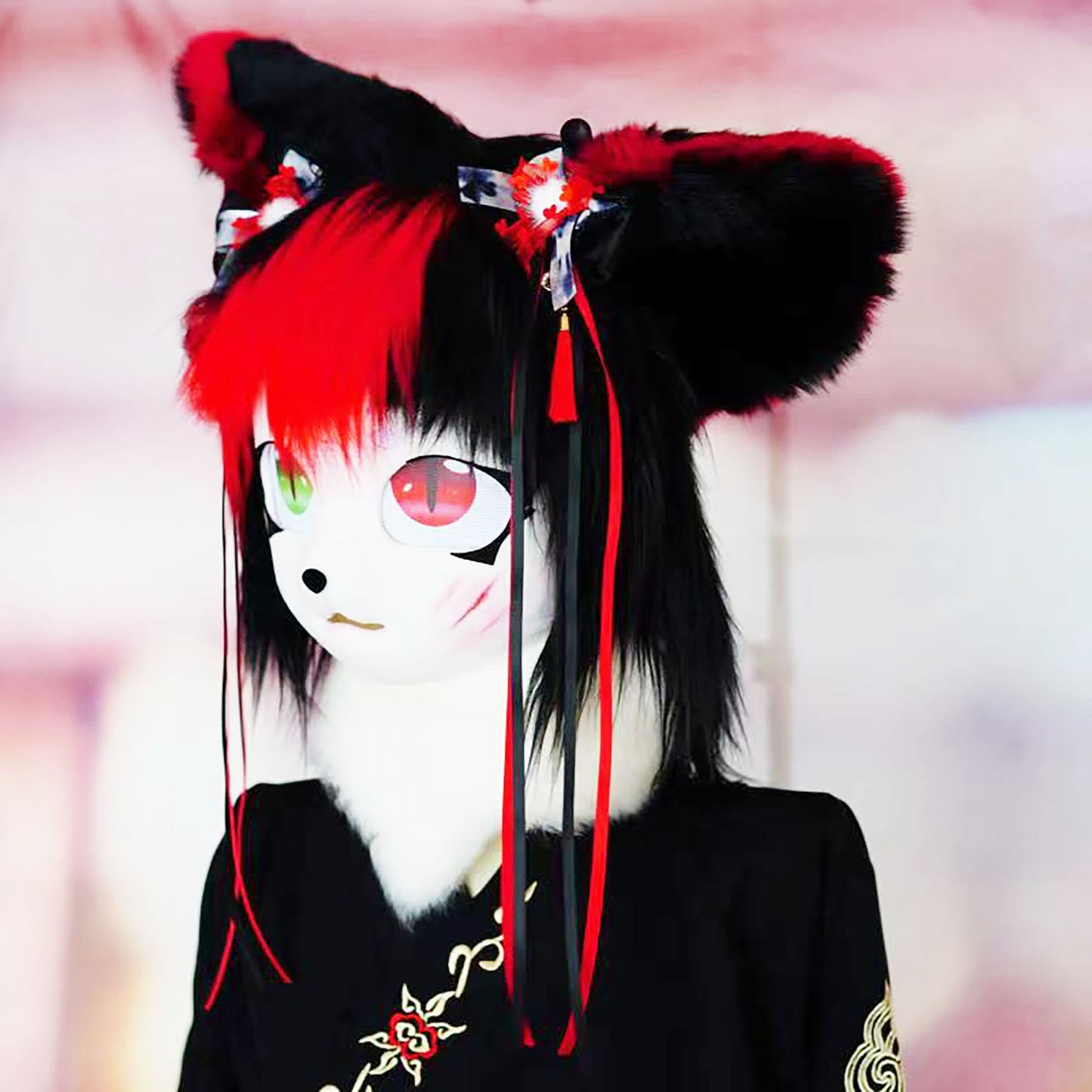 Fursuit Head With Black And Red Hair ,Cute Cospaly Furry Furrysuit Mask ，Cosplay Costume Mask,Kig Kemono Mask,Relic the Halloween Head,