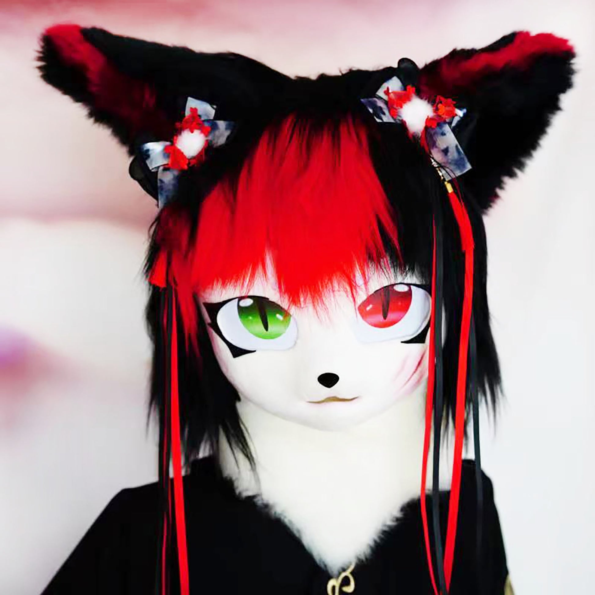 Fursuit Head With Black And Red Hair ,Cute Cospaly Furry Furrysuit Mask ，Cosplay Costume Mask,Kig Kemono Mask,Relic the Halloween Head,