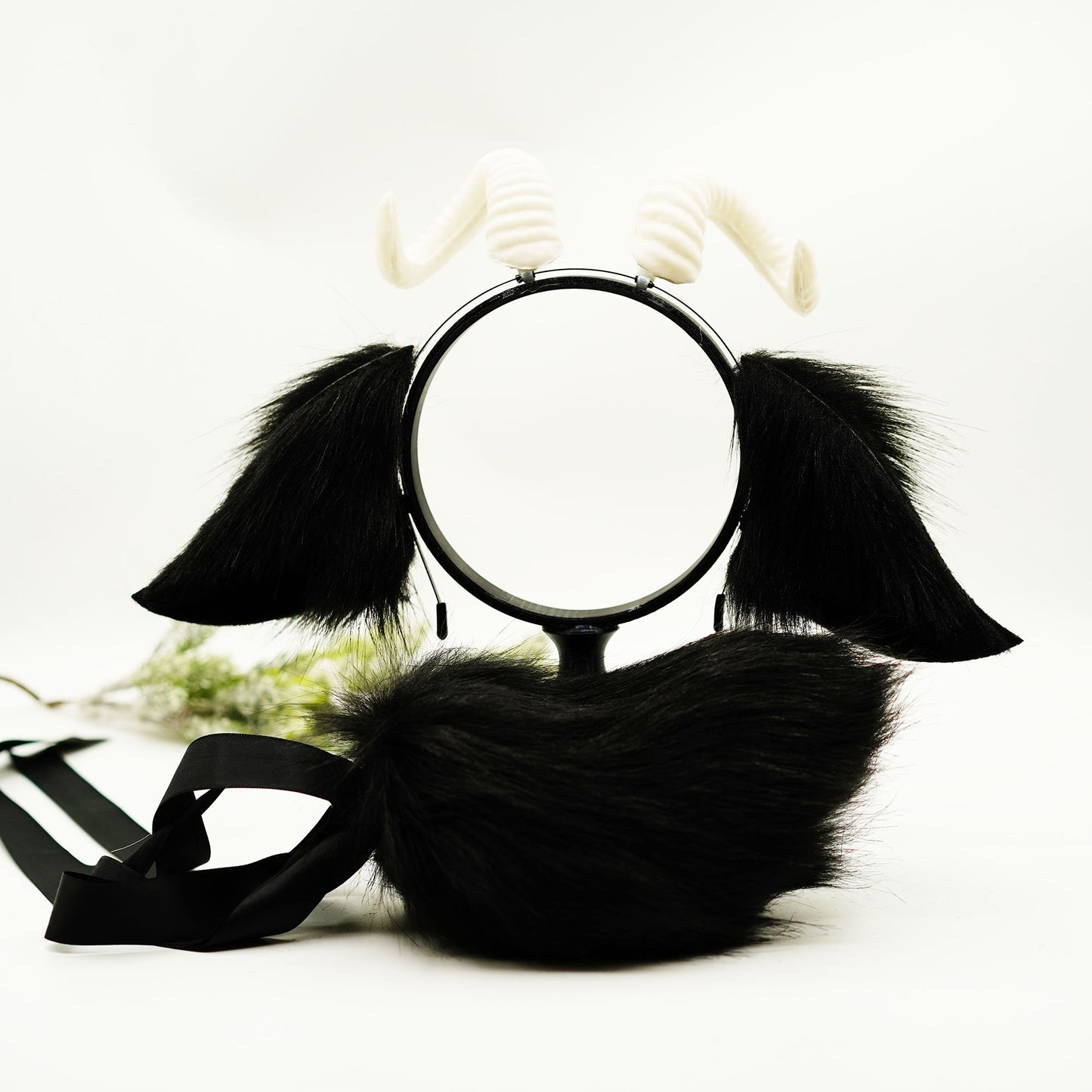 Cute Black sheep ears with horn, faux ears, White antler, sheep horn, goat horn, Black animal ears headband,Cosplay ear, goat ears