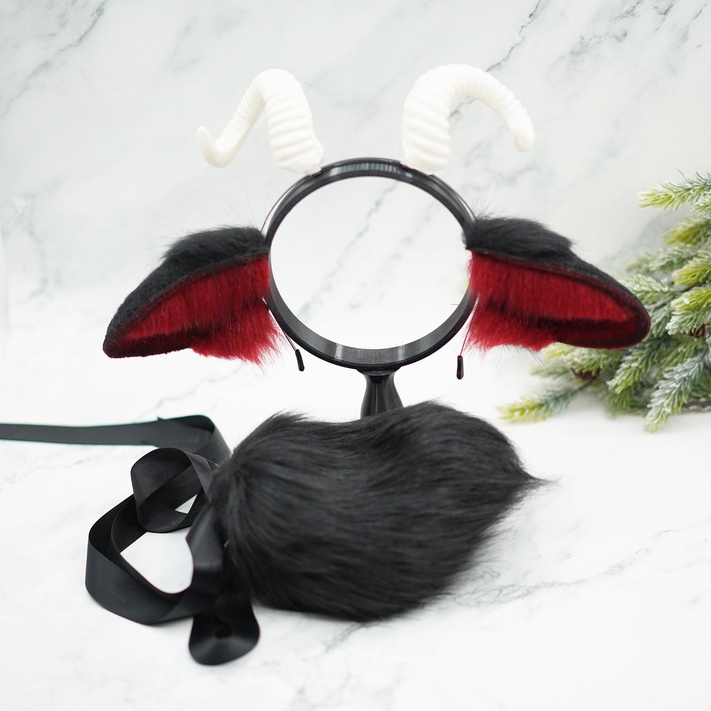 Handmade Black Goat ears and tail, Sheep ears, cosplay Goat ears, sheep headband ear, Halloween cosplay, Halloween ears, lame Cosplay tail