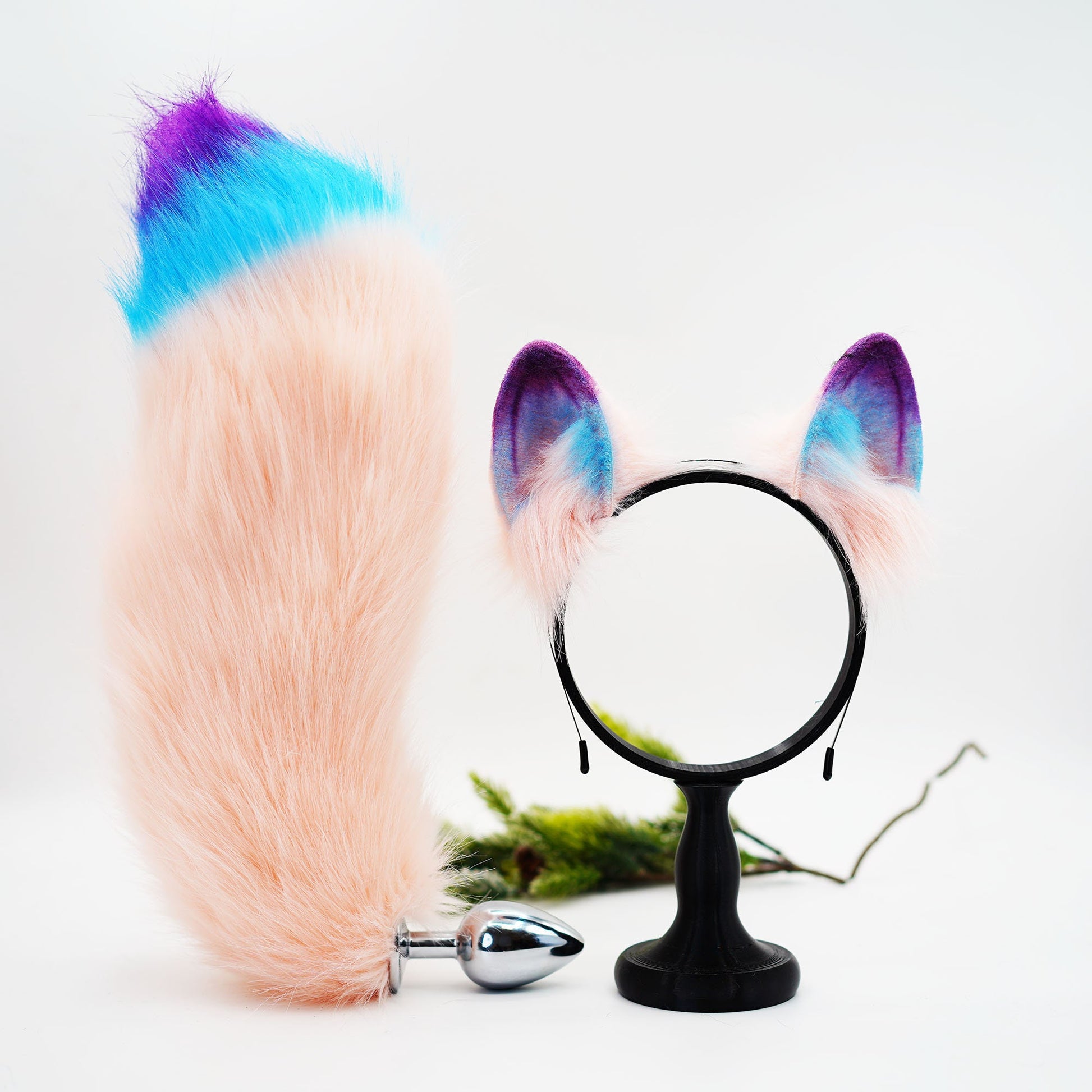 Korean pink fox ears and tail, Cat ears and tail, Cat ears, tail plug, ears headband, buttplug, handmade ears, pet play, custom ears,