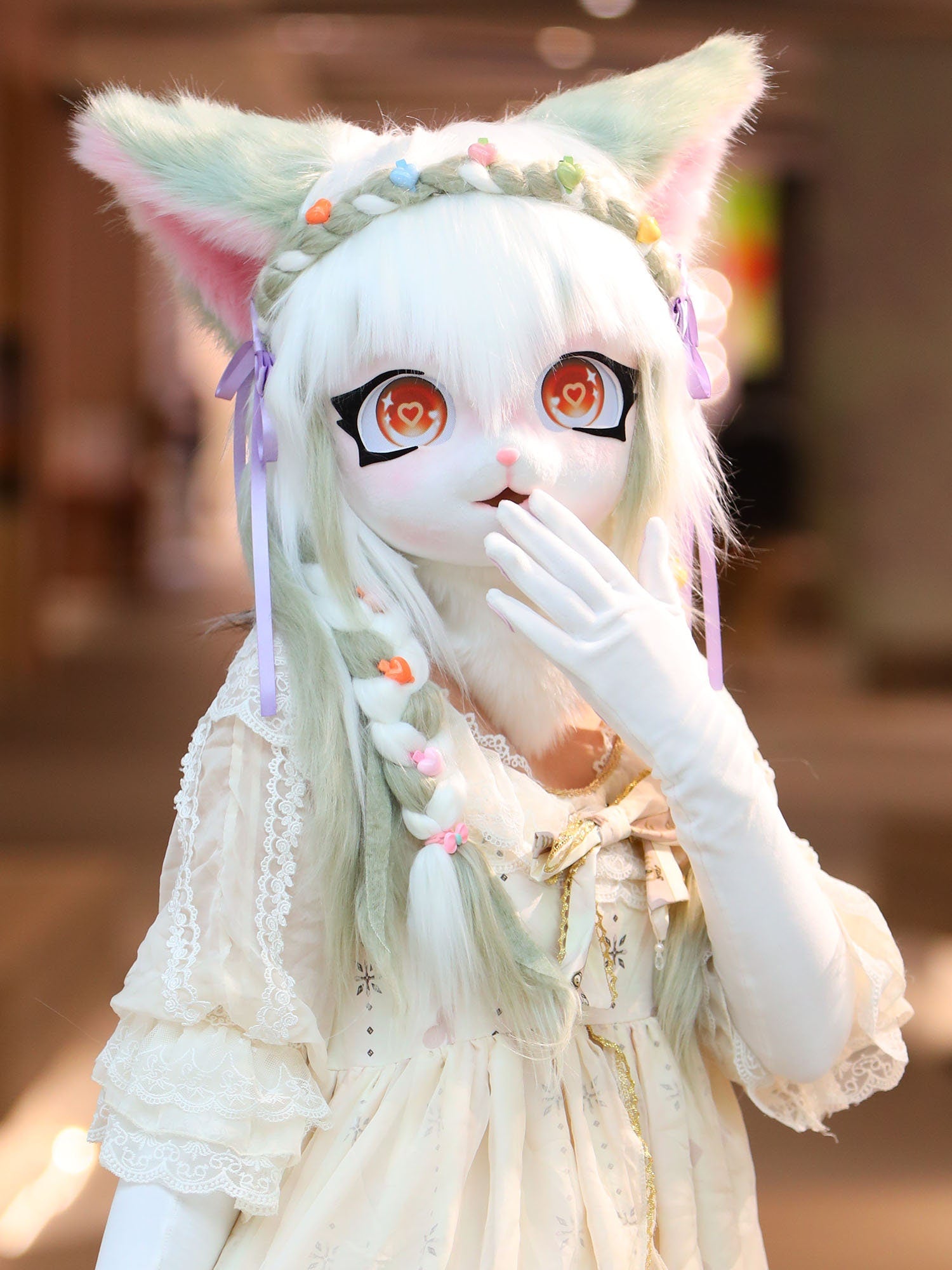 white hair FurSuit Head Mask for Fur Fandom,furry convention, fursuit Friday, furry Head Cute Costume Cat Kigurumi Fursuit mask for adult