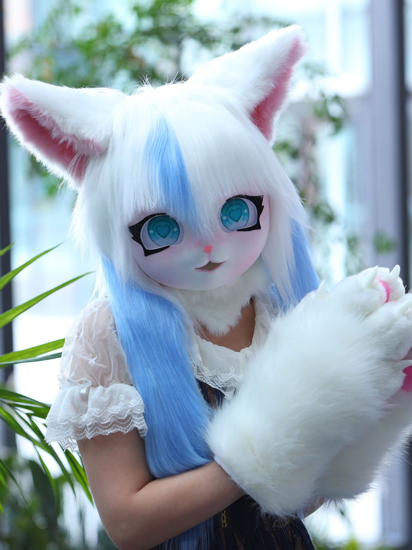 Costume Cute White Cat Kigurumi Fur Head Mask Furry White Cat Kigurumi Head Mask for Halloween Budget Friendly Mask Kigurumi Headwear