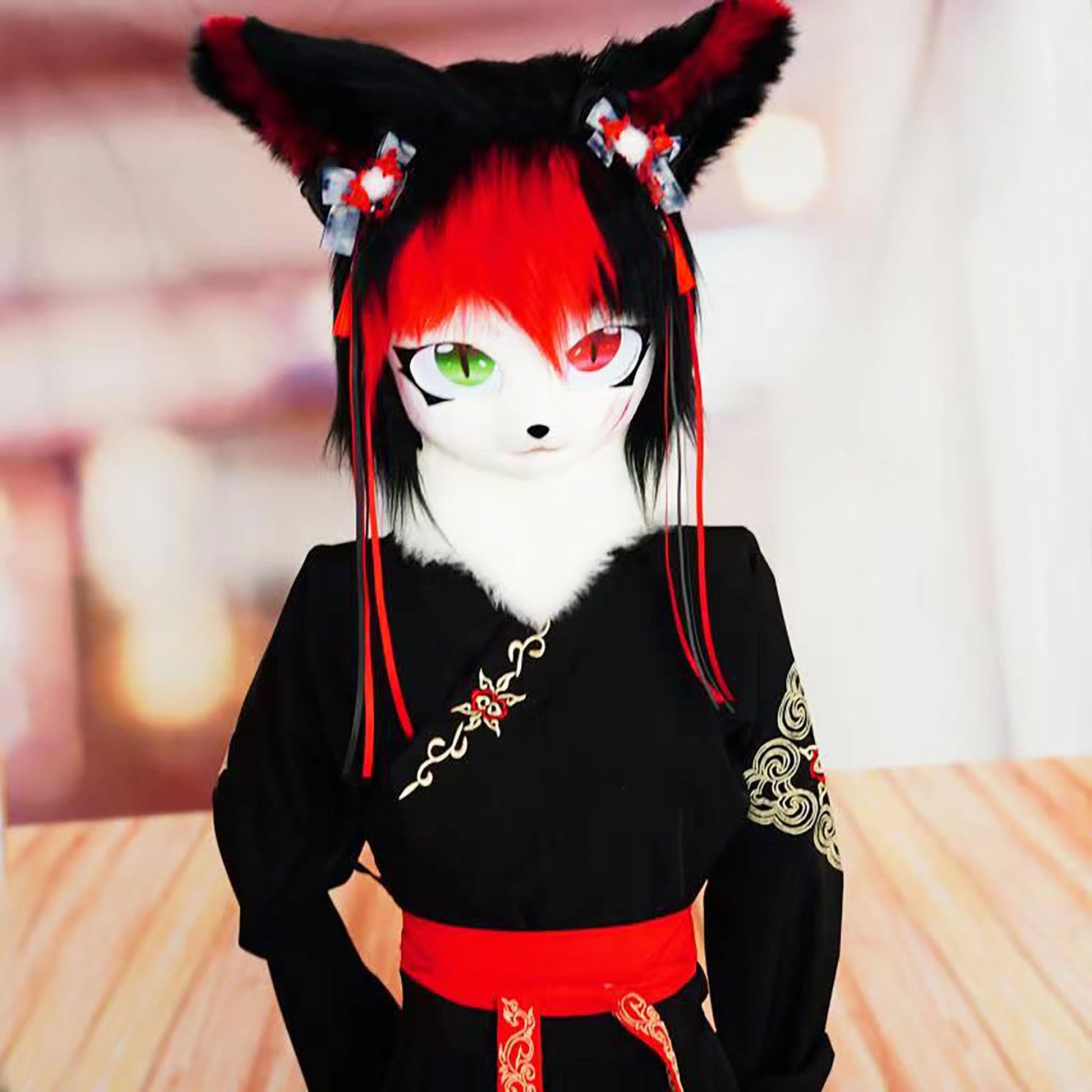 Fursuit Head With Black And Red Hair ,Cute Cospaly Furry Furrysuit Mask ，Cosplay Costume Mask,Kig Kemono Mask,Relic the Halloween Head,