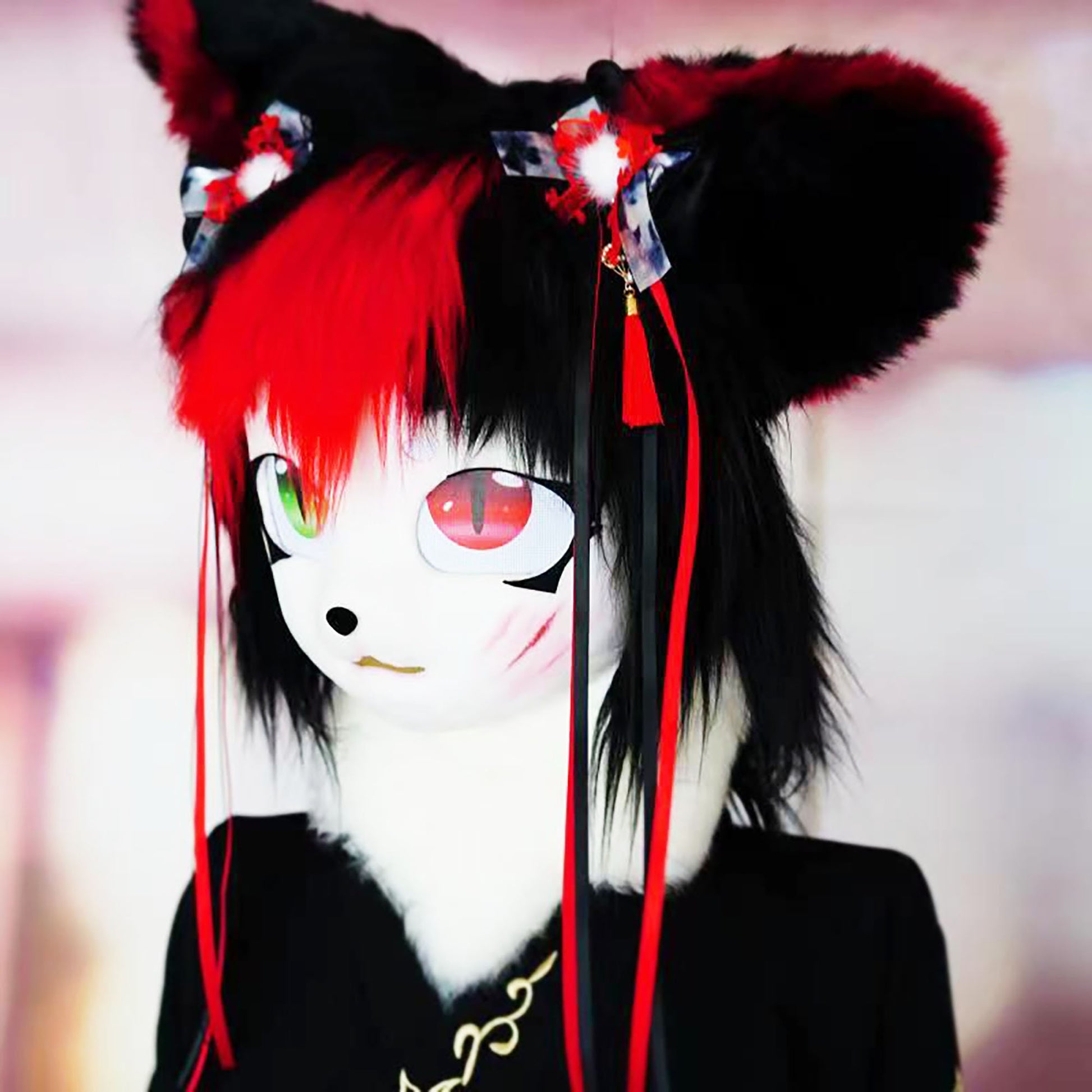 Fursuit Head With Black And Red Hair ,Cute Cospaly Furry Furrysuit Mask ，Cosplay Costume Mask,Kig Kemono Mask,Relic the Halloween Head,