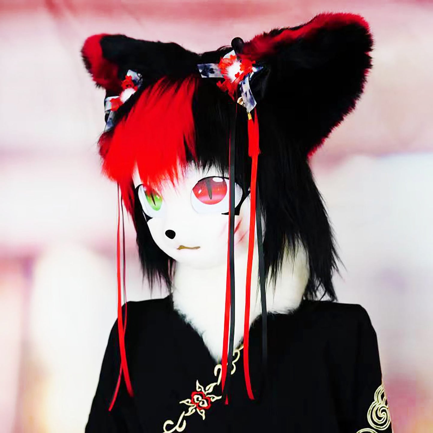 Fursuit Head With Black And Red Hair ,Cute Cospaly Furry Furrysuit Mask ，Cosplay Costume Mask,Kig Kemono Mask,Relic the Halloween Head,