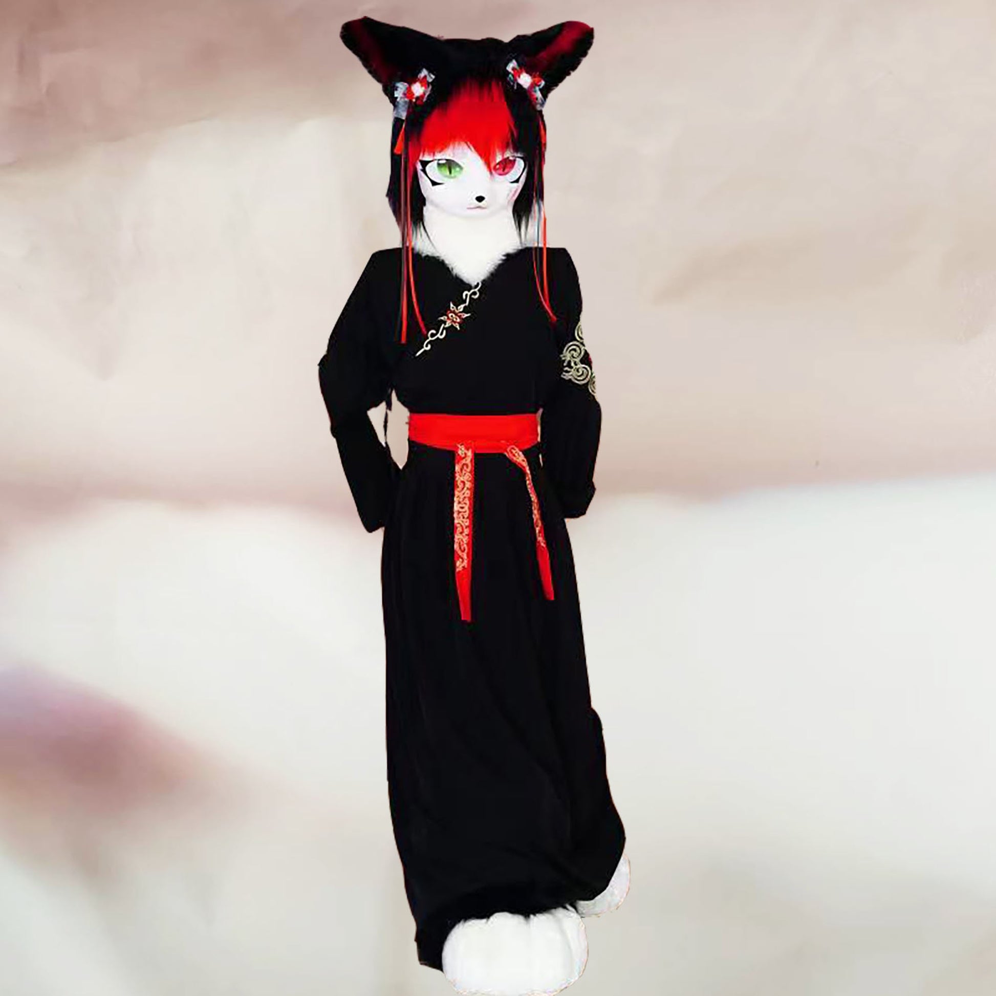 Fursuit Head With Black And Red Hair ,Cute Cospaly Furry Furrysuit Mask ，Cosplay Costume Mask,Kig Kemono Mask,Relic the Halloween Head,