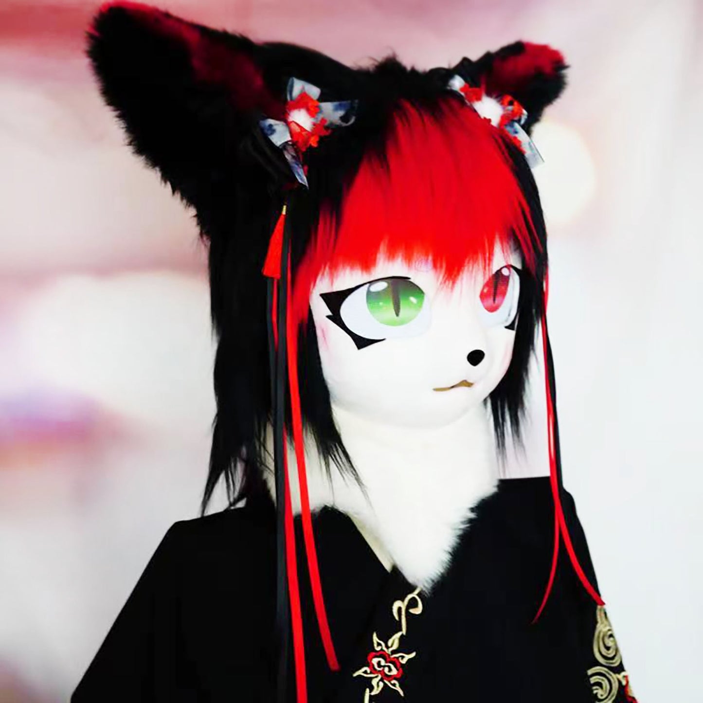 Fursuit Head With Black And Red Hair ,Cute Cospaly Furry Furrysuit Mask ，Cosplay Costume Mask,Kig Kemono Mask,Relic the Halloween Head,