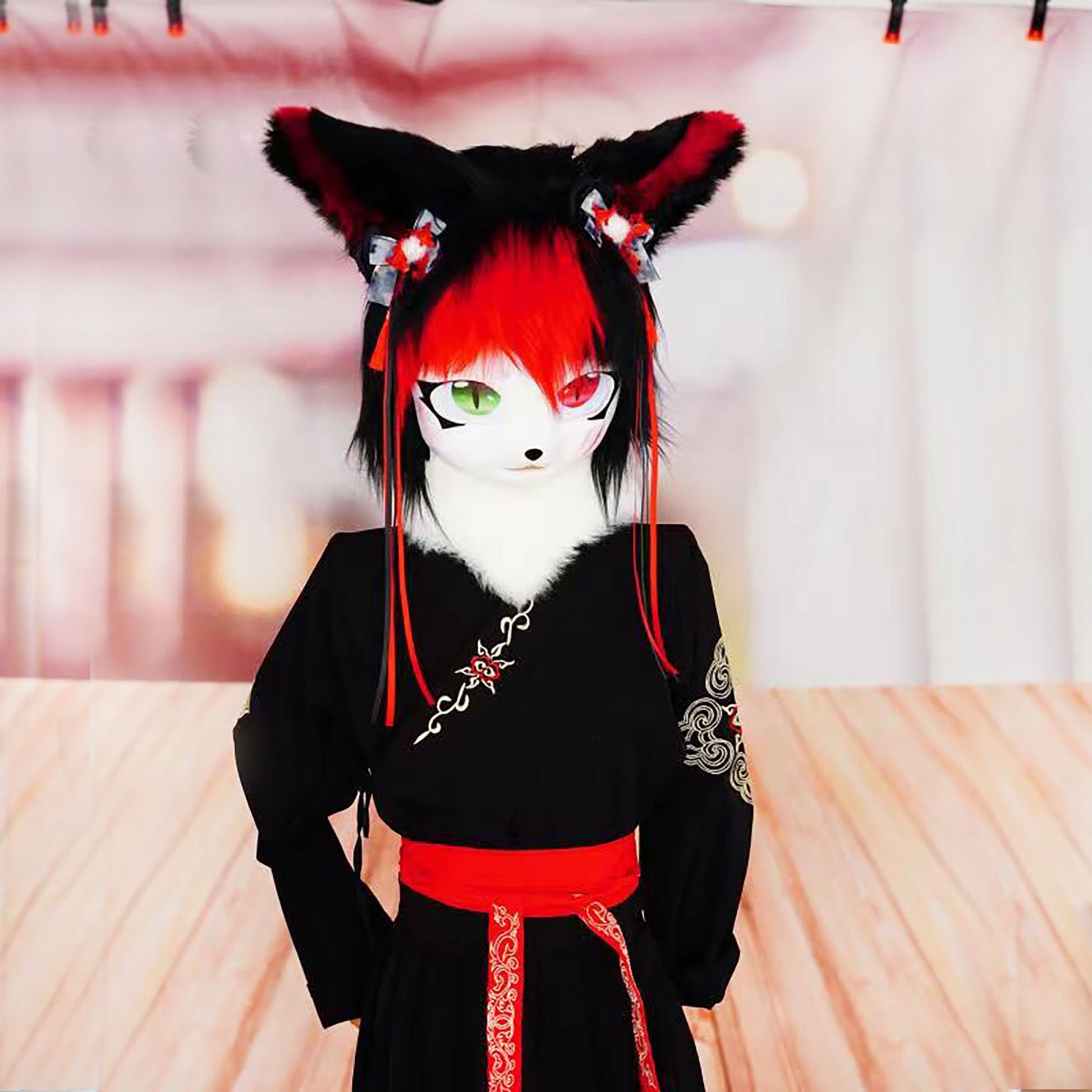 Fursuit Head With Black And Red Hair ,Cute Cospaly Furry Furrysuit Mask ，Cosplay Costume Mask,Kig Kemono Mask,Relic the Halloween Head,