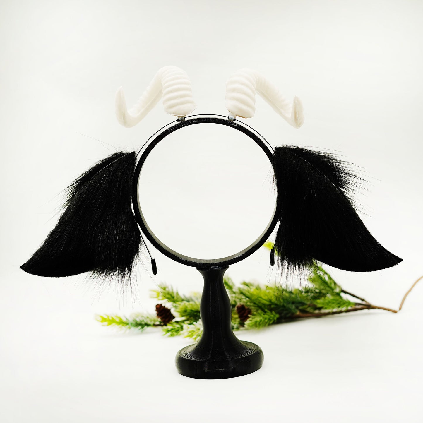 Cute Black sheep ears with horn, faux ears, White antler, sheep horn, goat horn, Black animal ears headband,Cosplay ear, goat ears