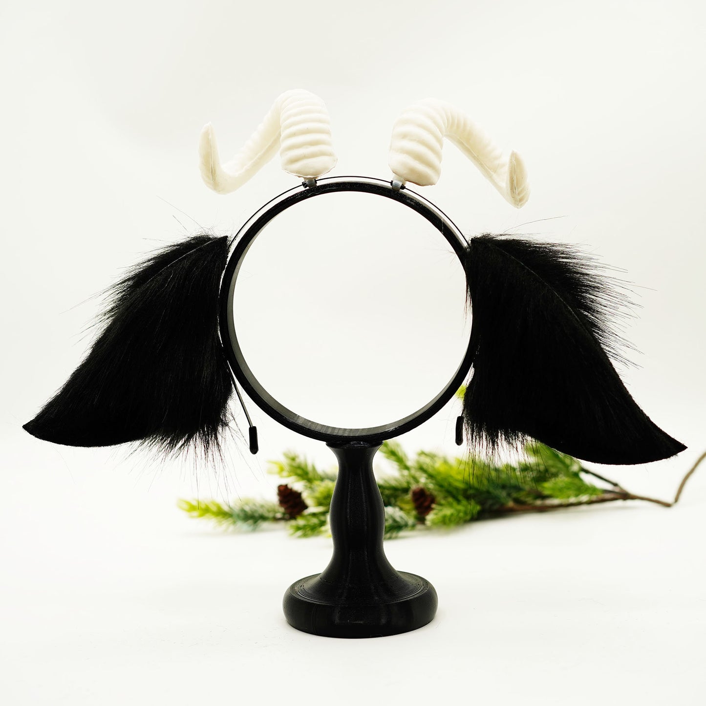 Cute Black sheep ears with horn, faux ears, White antler, sheep horn, goat horn, Black animal ears headband,Cosplay ear, goat ears