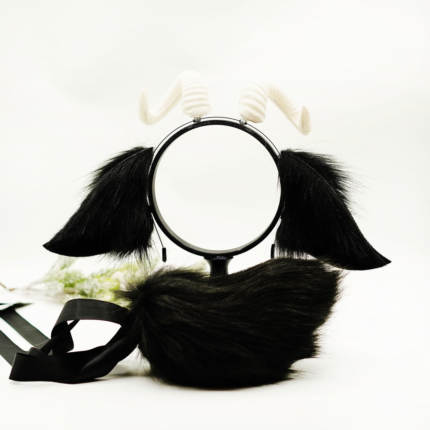 Cute Black sheep ears with horn, faux ears, White antler, sheep horn, goat horn, Black animal ears headband,Cosplay ear, goat ears