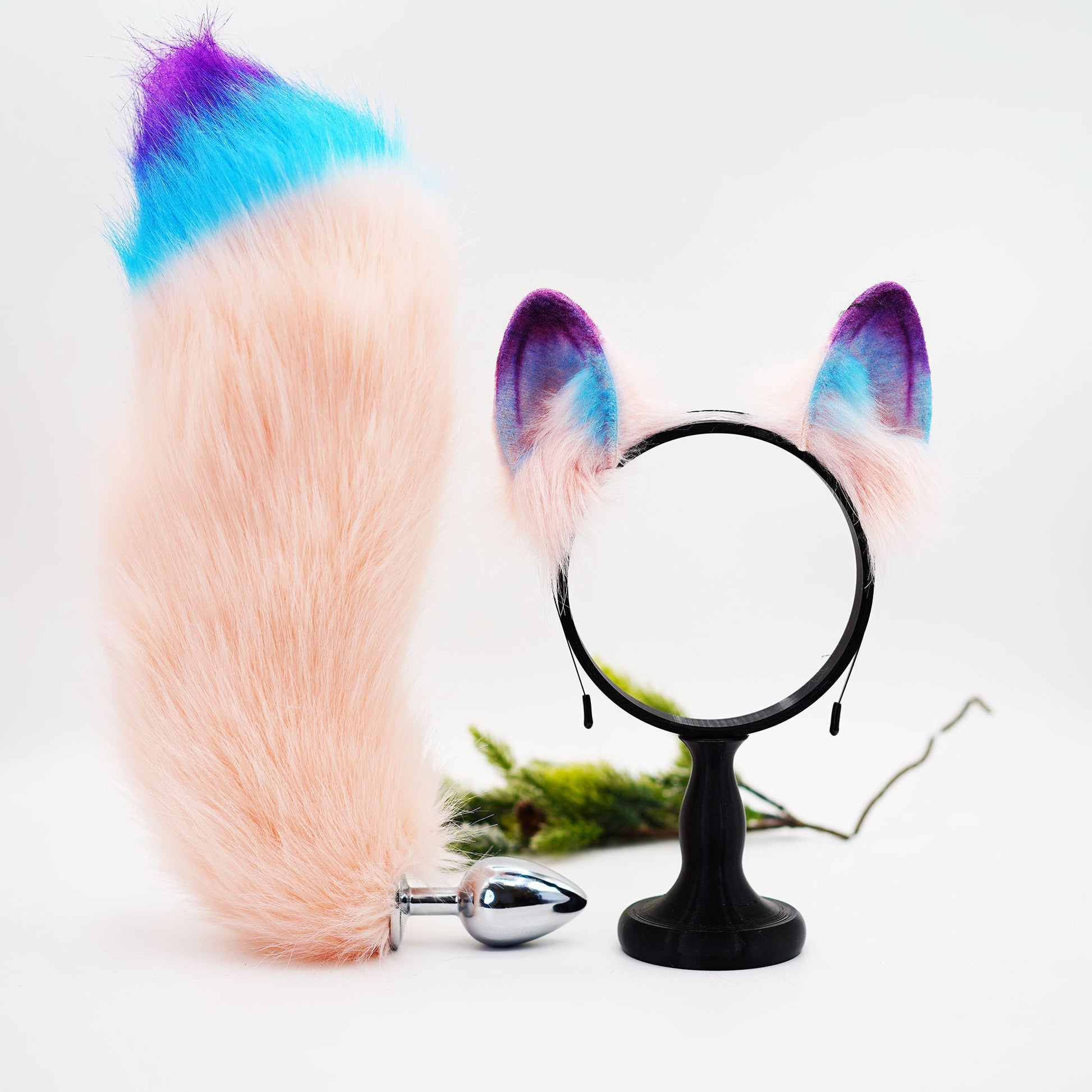 Korean pink fox ears and tail, Cat ears and tail, Cat ears, tail plug, ears headband, buttplug, handmade ears, pet play, custom ears,