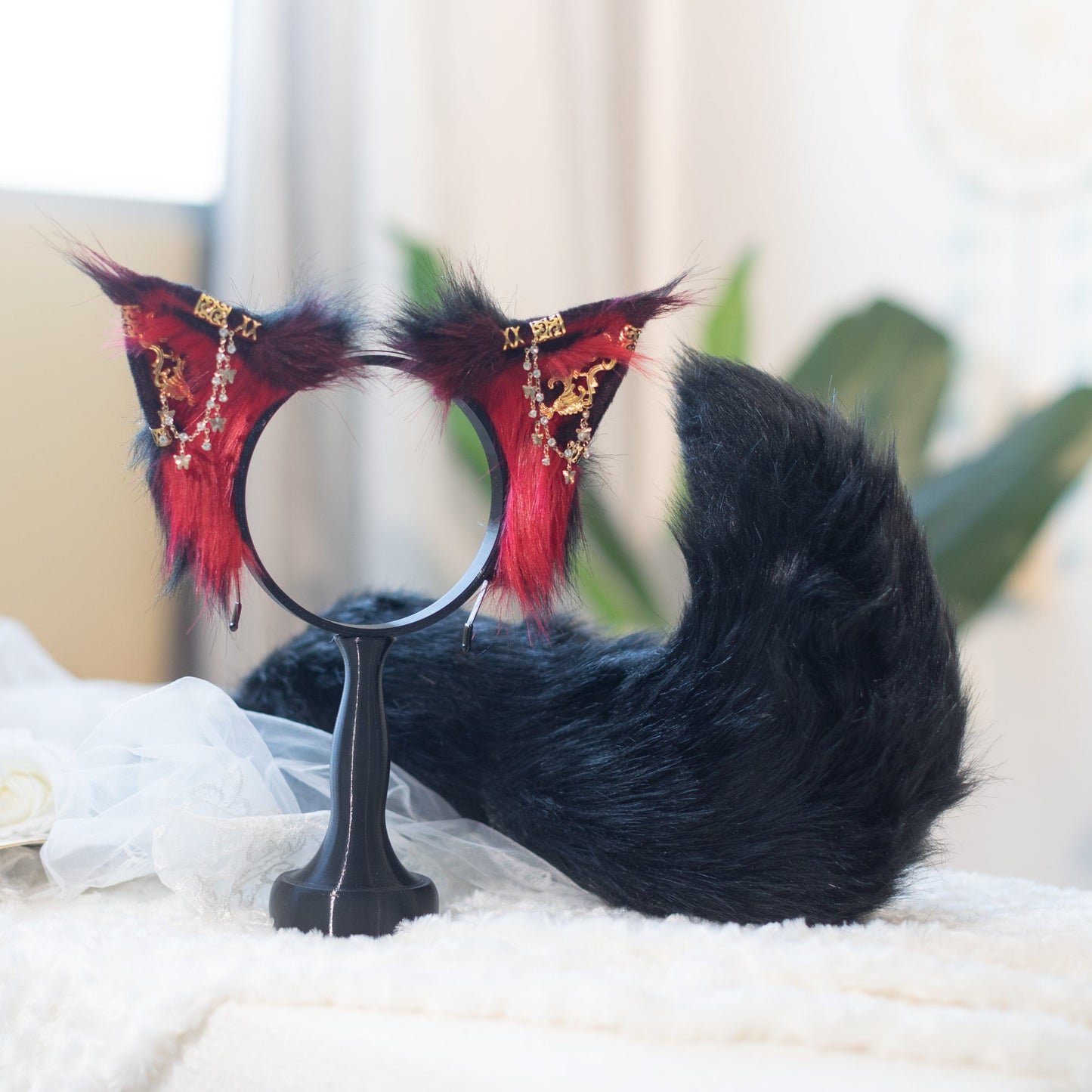 Red and black cat ears, Cat ears, cosplay,Pet Play, Tubbo Cosplay, kitten ears, realistic cat ear,animal ears, wolf ears, cosplay ears, ACG