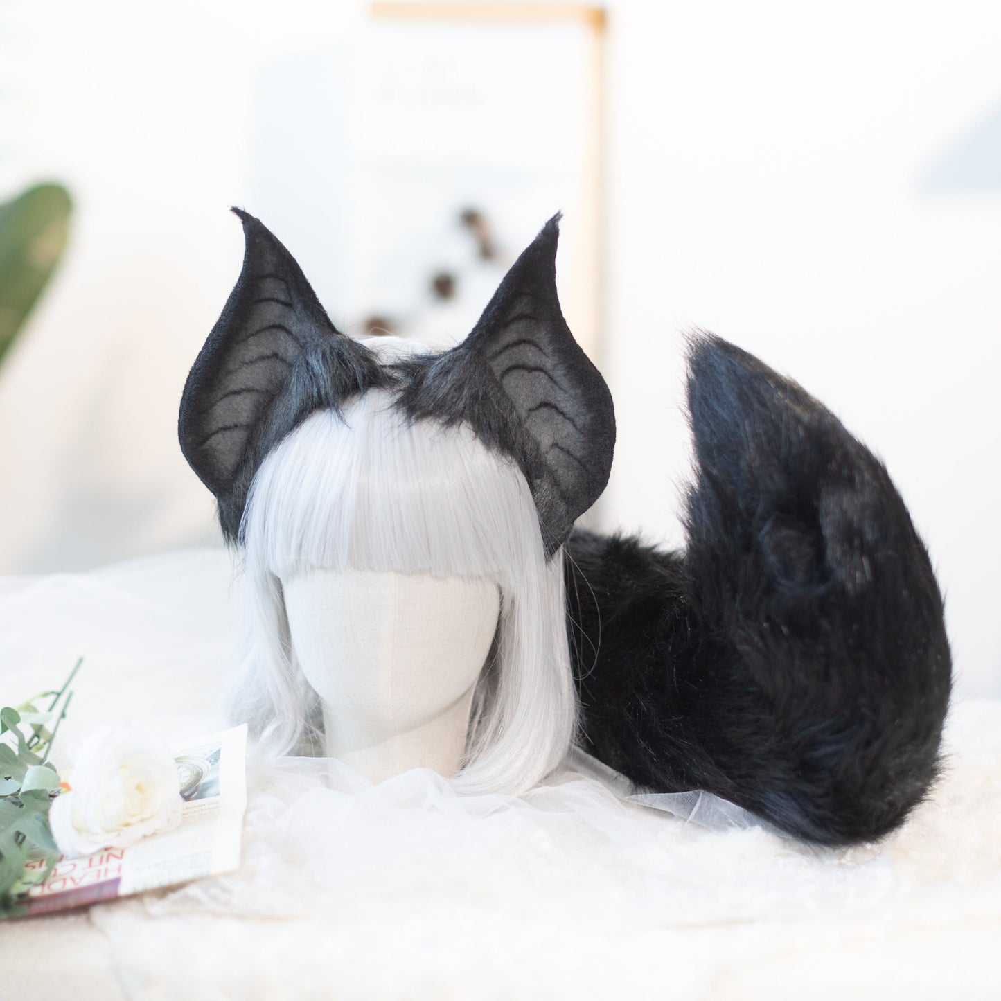 Bat cat ears, evil cat ears and tail, Wolf ears,tail plug,fox ears headband, DDLG, handmade ears, pet play, custom ears,Halloween,furry