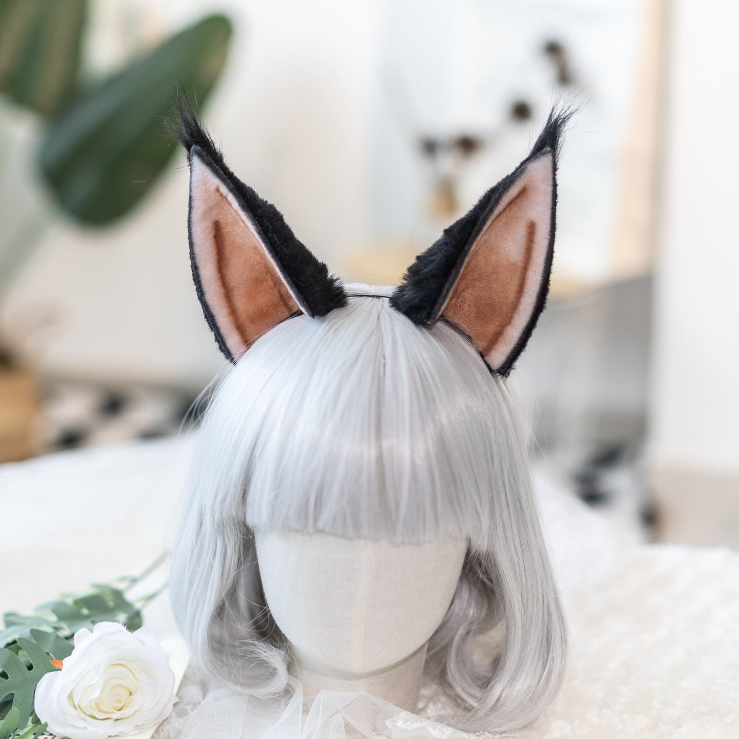 Charming cat kitty wolf fox puppy handmade ear and tail Custom headband ears for party&event meeting Black with pink inner artist ear custom