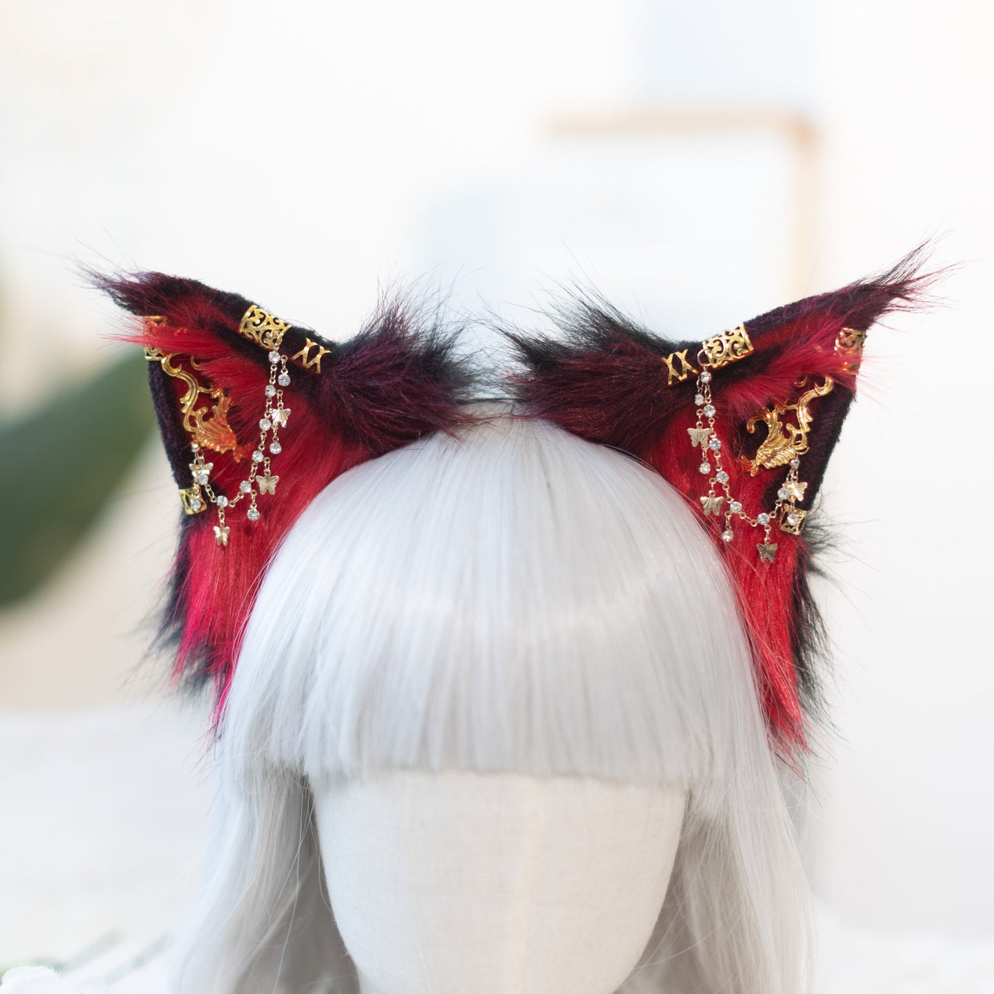 Red and black cat ears, Cat ears, cosplay,Pet Play, Tubbo Cosplay, kitten ears, realistic cat ear,animal ears, wolf ears, cosplay ears, ACG