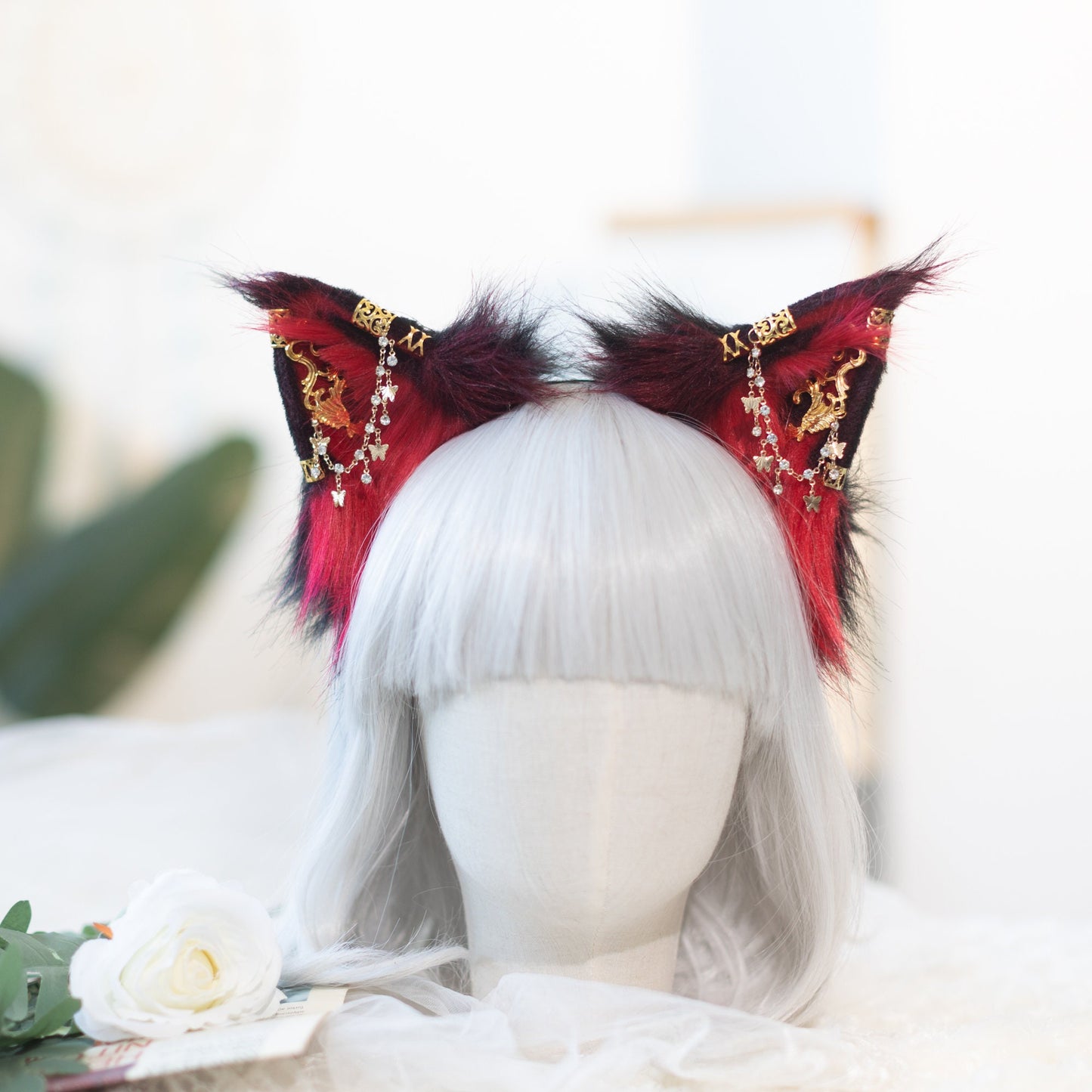 Red and black cat ears, Cat ears, cosplay,Pet Play, Tubbo Cosplay, kitten ears, realistic cat ear,animal ears, wolf ears, cosplay ears, ACG