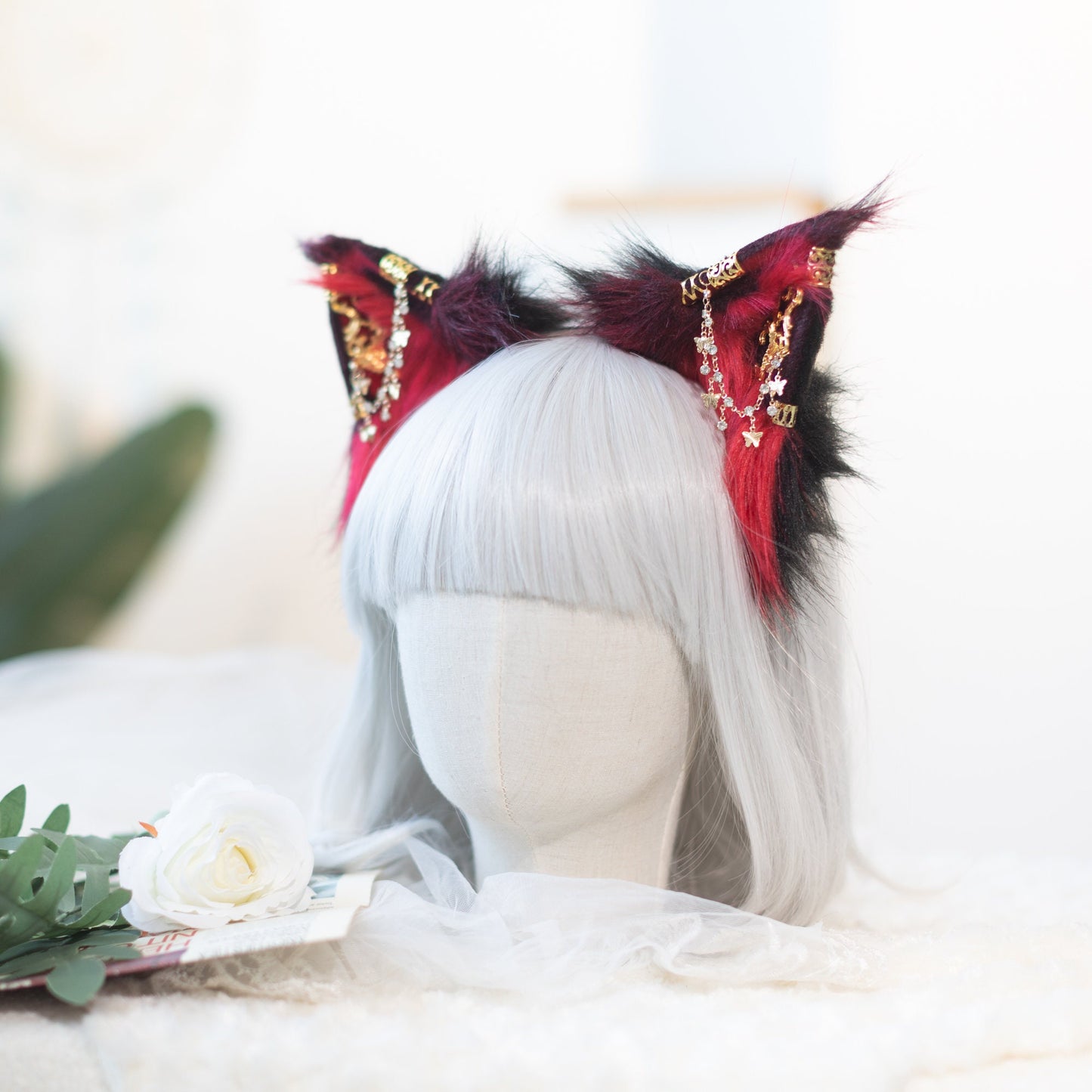 Red and black cat ears, Cat ears, cosplay,Pet Play, Tubbo Cosplay, kitten ears, realistic cat ear,animal ears, wolf ears, cosplay ears, ACG