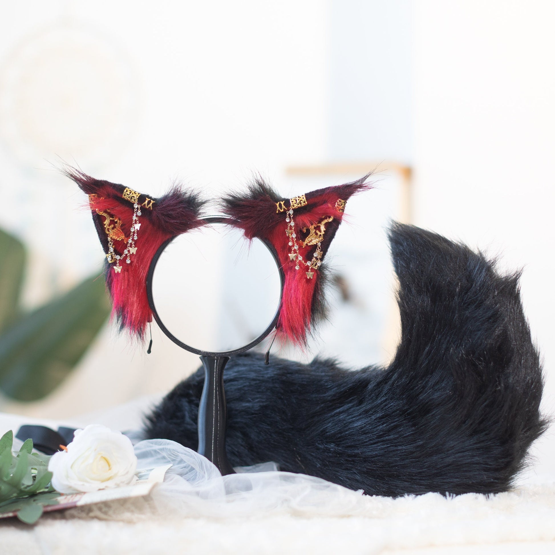 Red and black cat ears, Cat ears, cosplay,Pet Play, Tubbo Cosplay, kitten ears, realistic cat ear,animal ears, wolf ears, cosplay ears, ACG