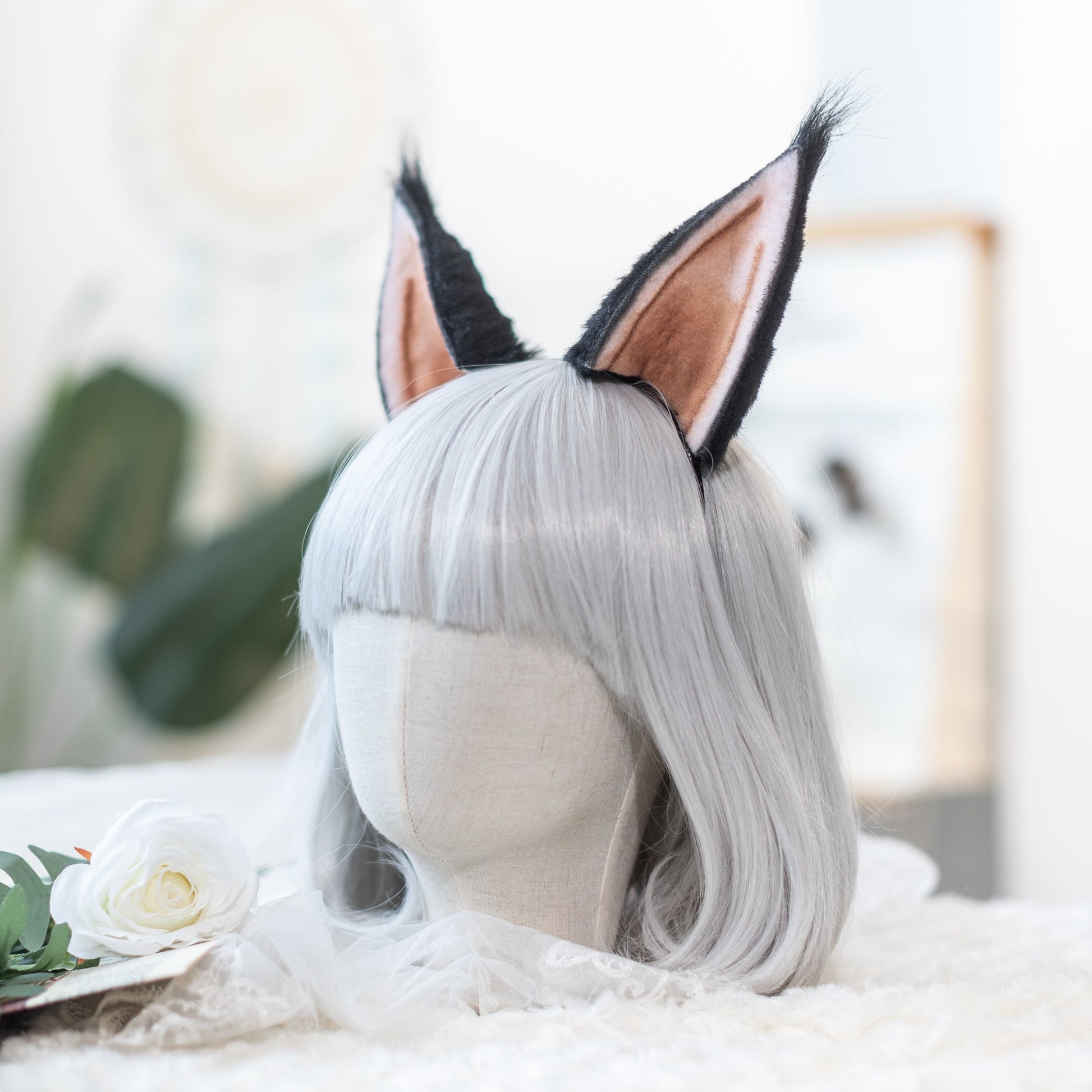 Charming cat kitty wolf fox puppy handmade ear and tail Custom headband ears for party&event meeting Black with pink inner artist ear custom