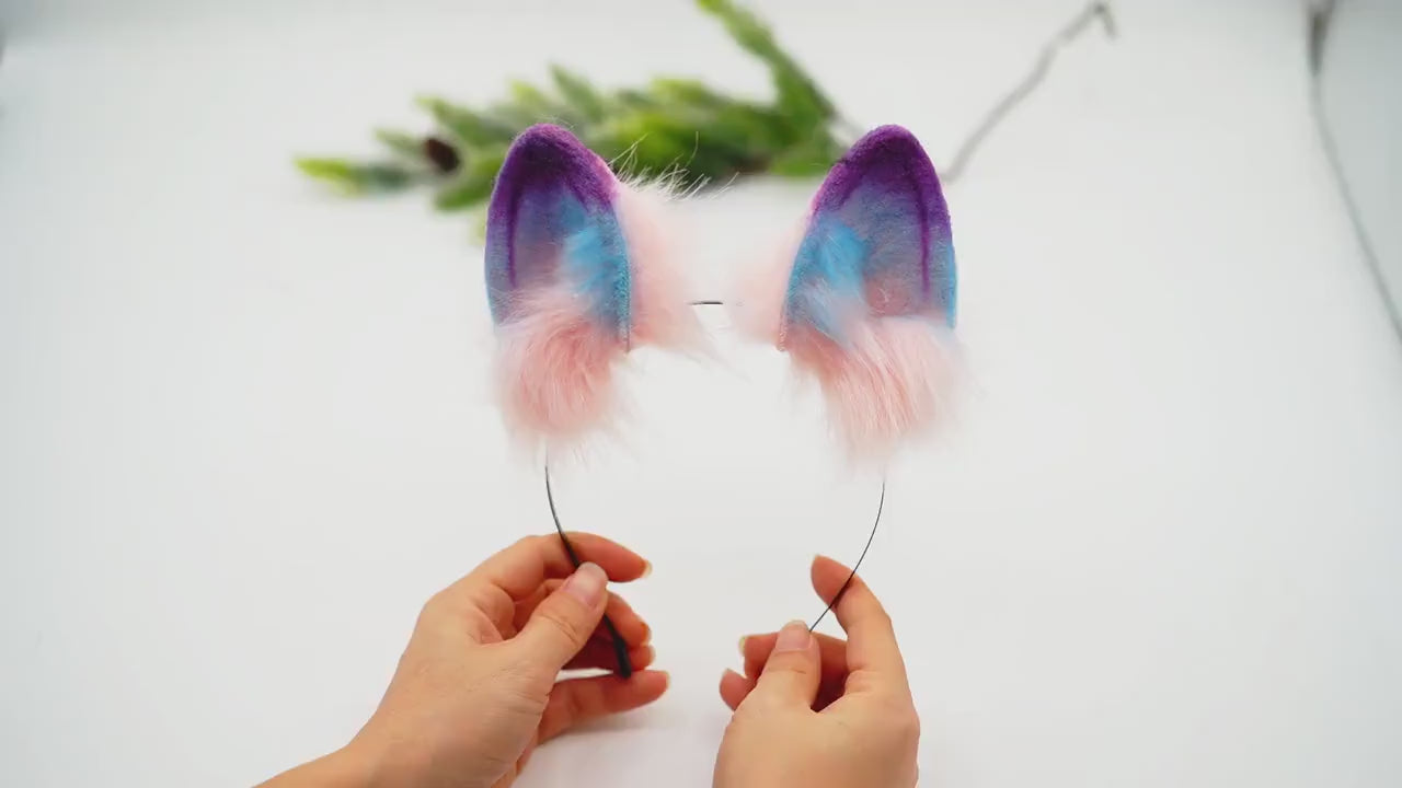 Korean pink fox ears and tail,  Cat ears and tail, Cat ears, tail plug, ears headband, buttplug, handmade ears, pet play, custom ears,